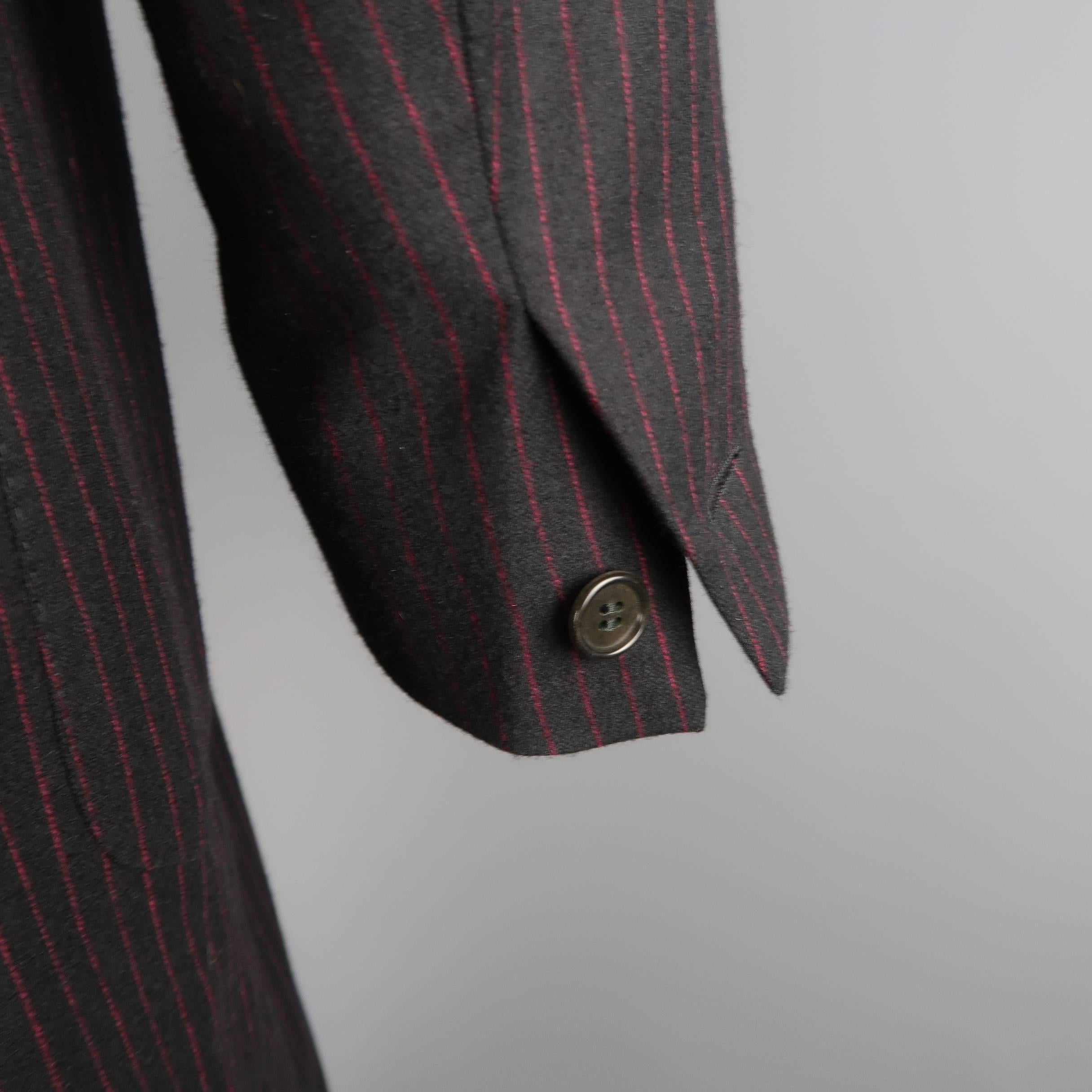 Men's ROMEO GIGLI 38 Black & Red Pinstripe Wool Full Length Over Coat 2