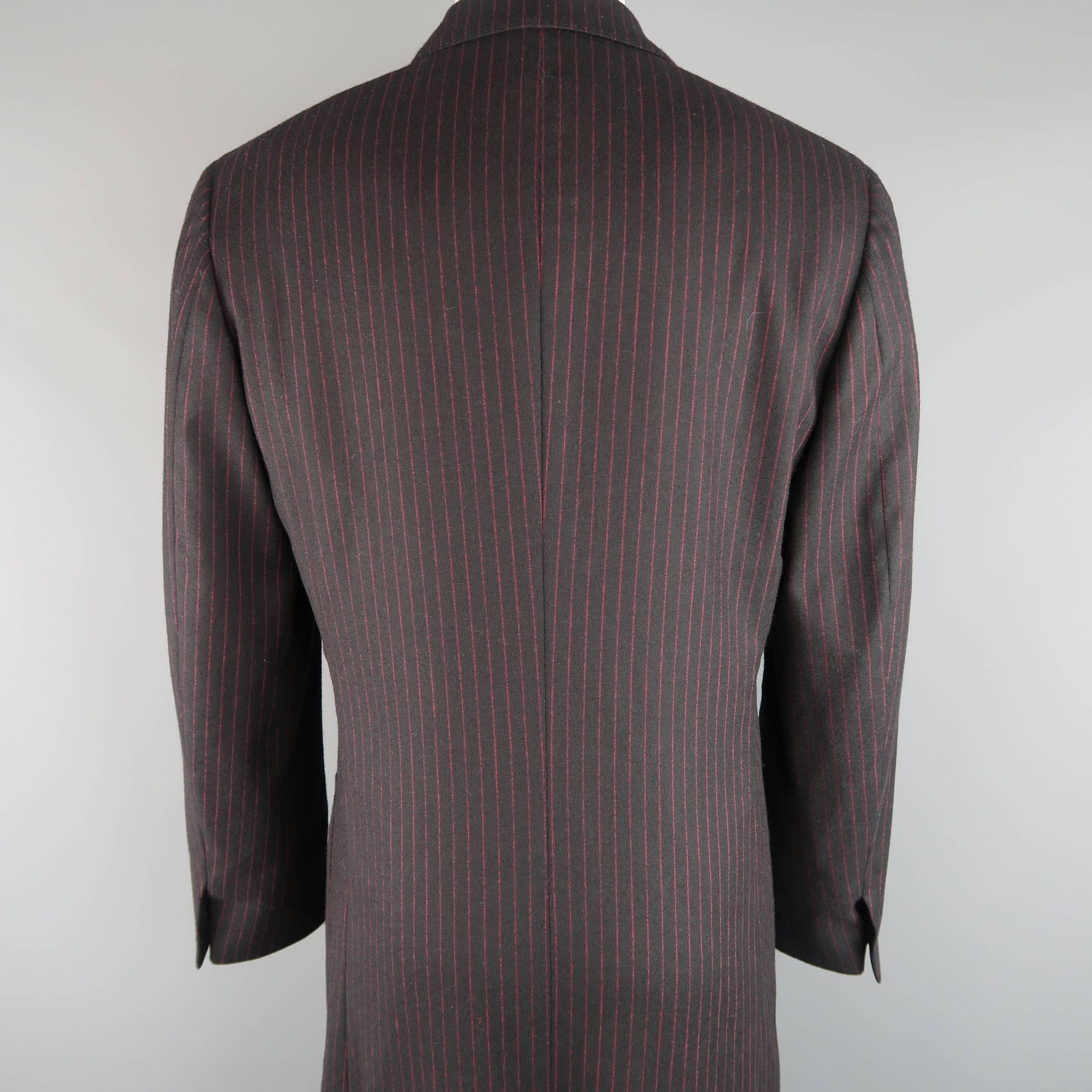 Men's ROMEO GIGLI 38 Black & Red Pinstripe Wool Full Length Over Coat 4