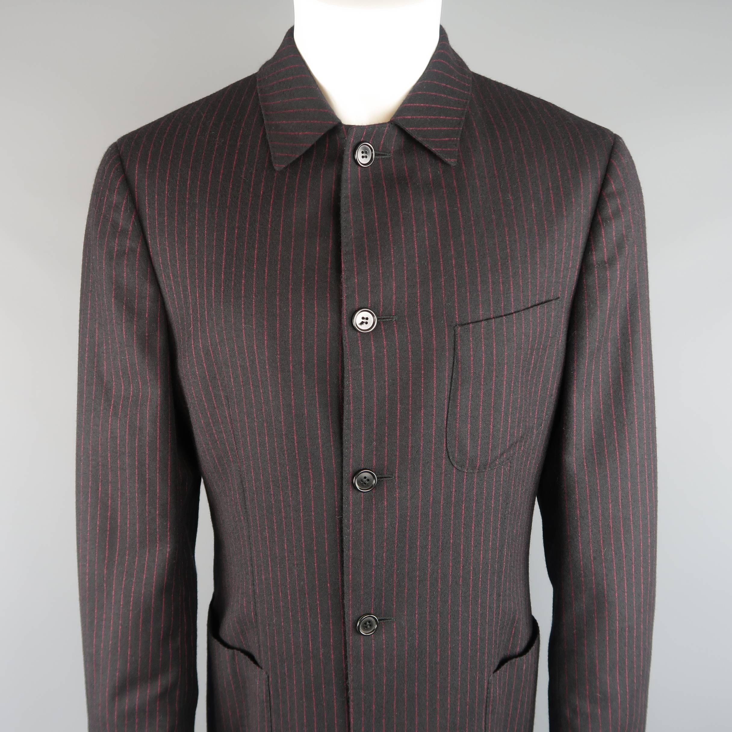 Men's ROMEO GIGLI 38 Black & Red Pinstripe Wool Full Length Over Coat In Excellent Condition In San Francisco, CA