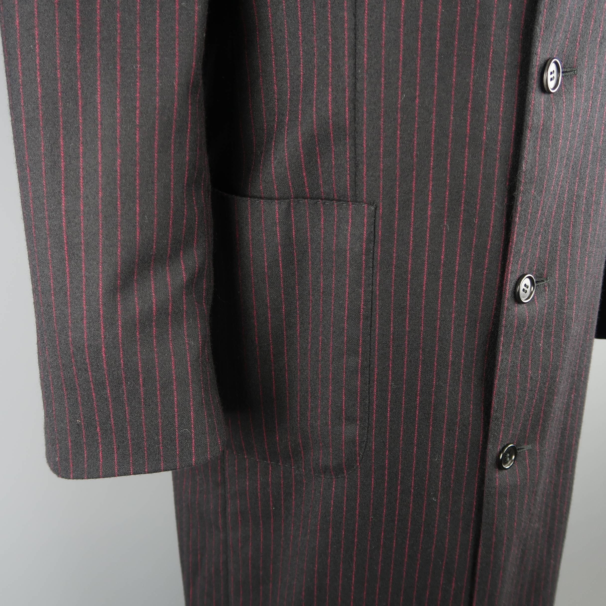 Men's ROMEO GIGLI 38 Black & Red Pinstripe Wool Full Length Over Coat 1