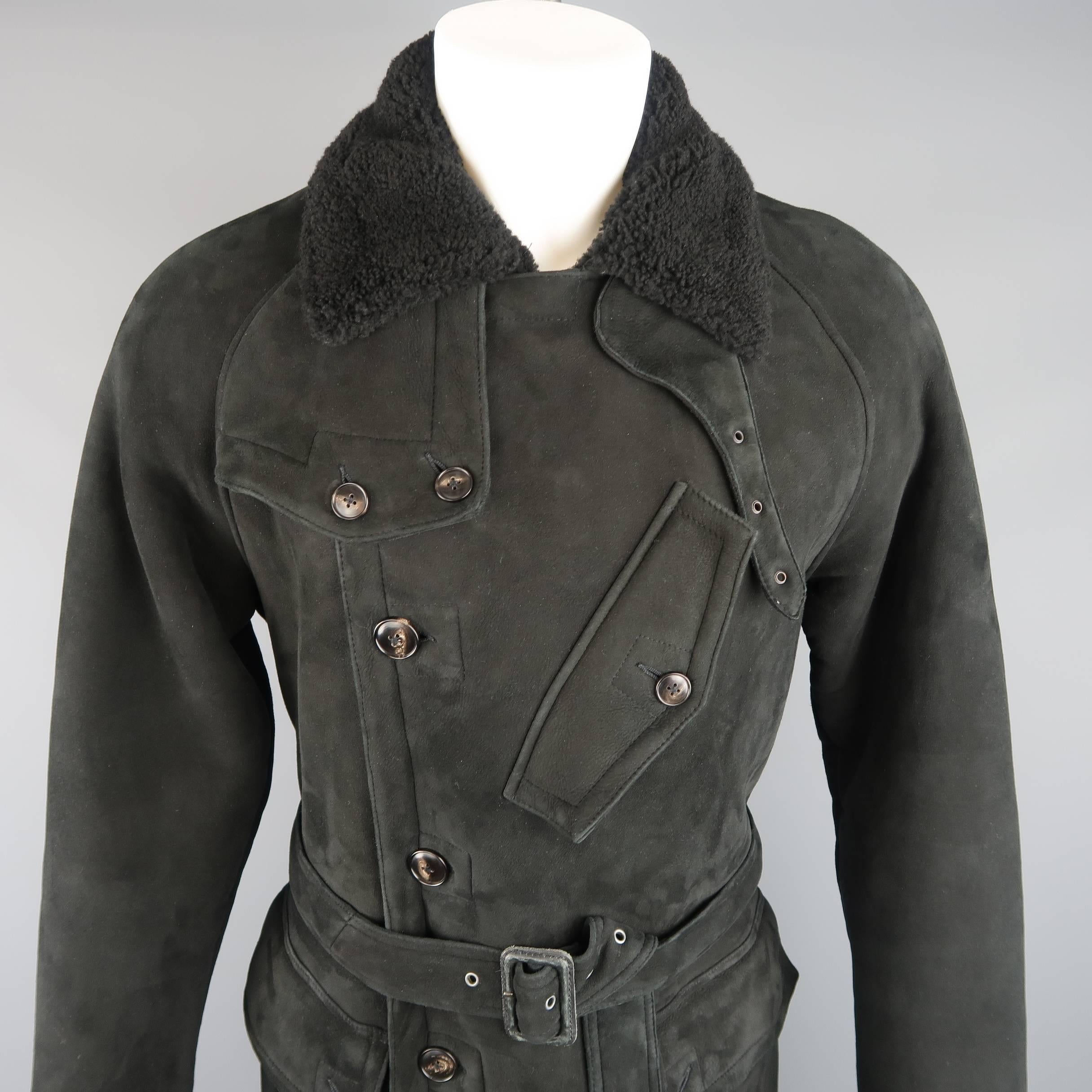 Women's or Men's Polo Ralph Lauren Black Shearling Fur Collar Belted Over Coat