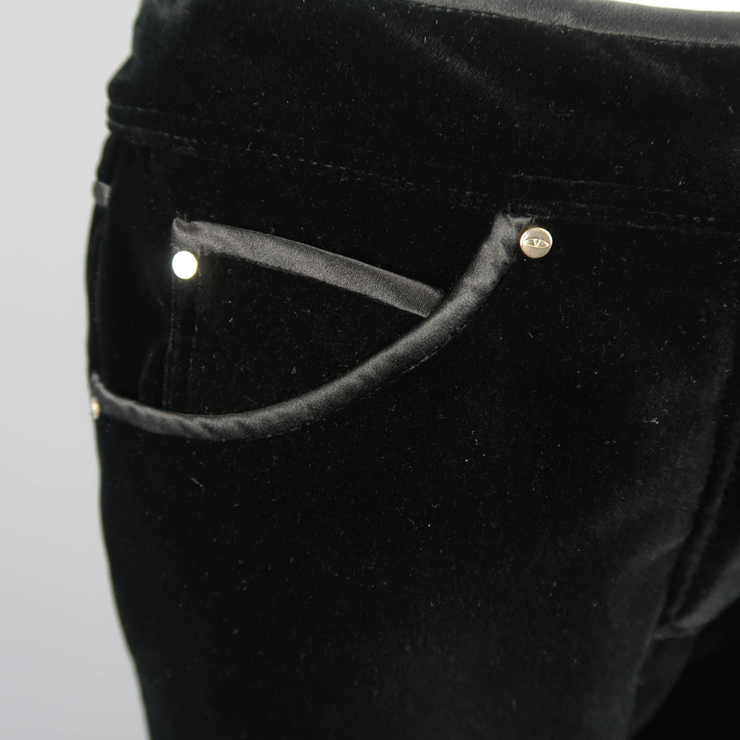 VALENTINO Size 6 Black Velvet Silk Piping Straight Leg Jeans In Excellent Condition In San Francisco, CA