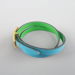 HERMES Blue & Green Leather 18k Gold Plated H Double Hapi Bracelet