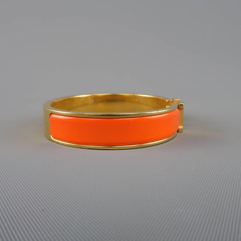 HERMES Bracelet 18k Gold Plated Orange Enamel Clic H Bangle Jewelry