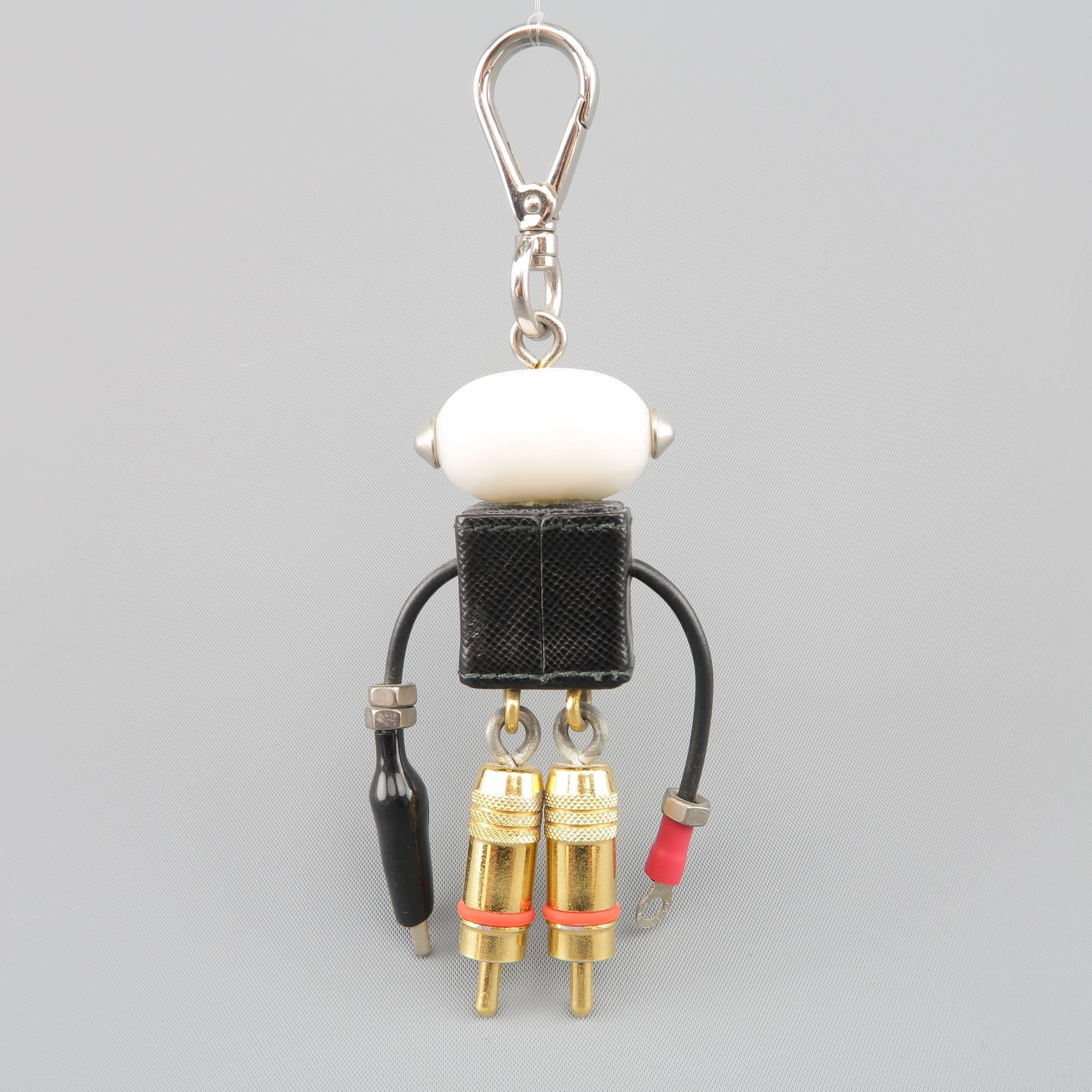 Beige PRADA Mixed Metals Enamel Plaque Robot Wallace Keychain