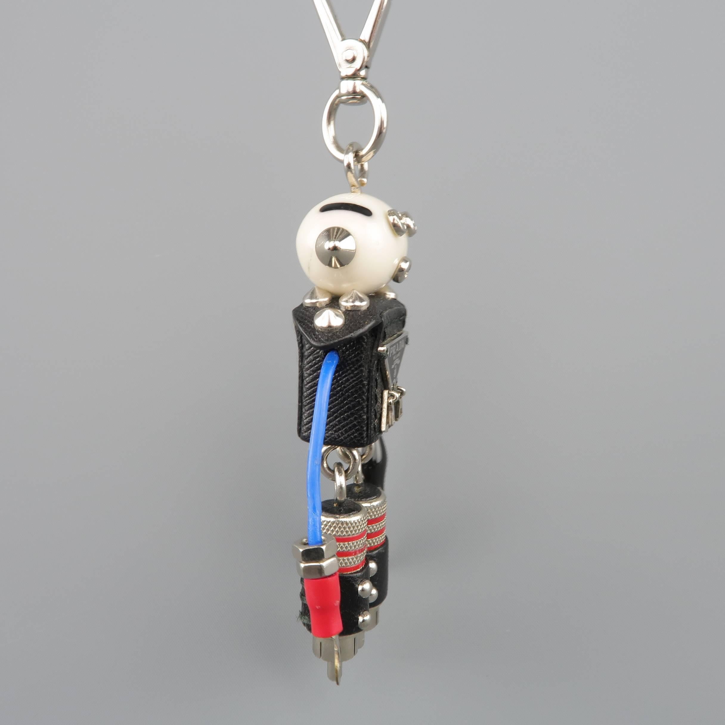 PRADA Noir Rouge & Bleu Matériaux mixtes Plaque émail Sid Robot Porte-clés $285.00 1
