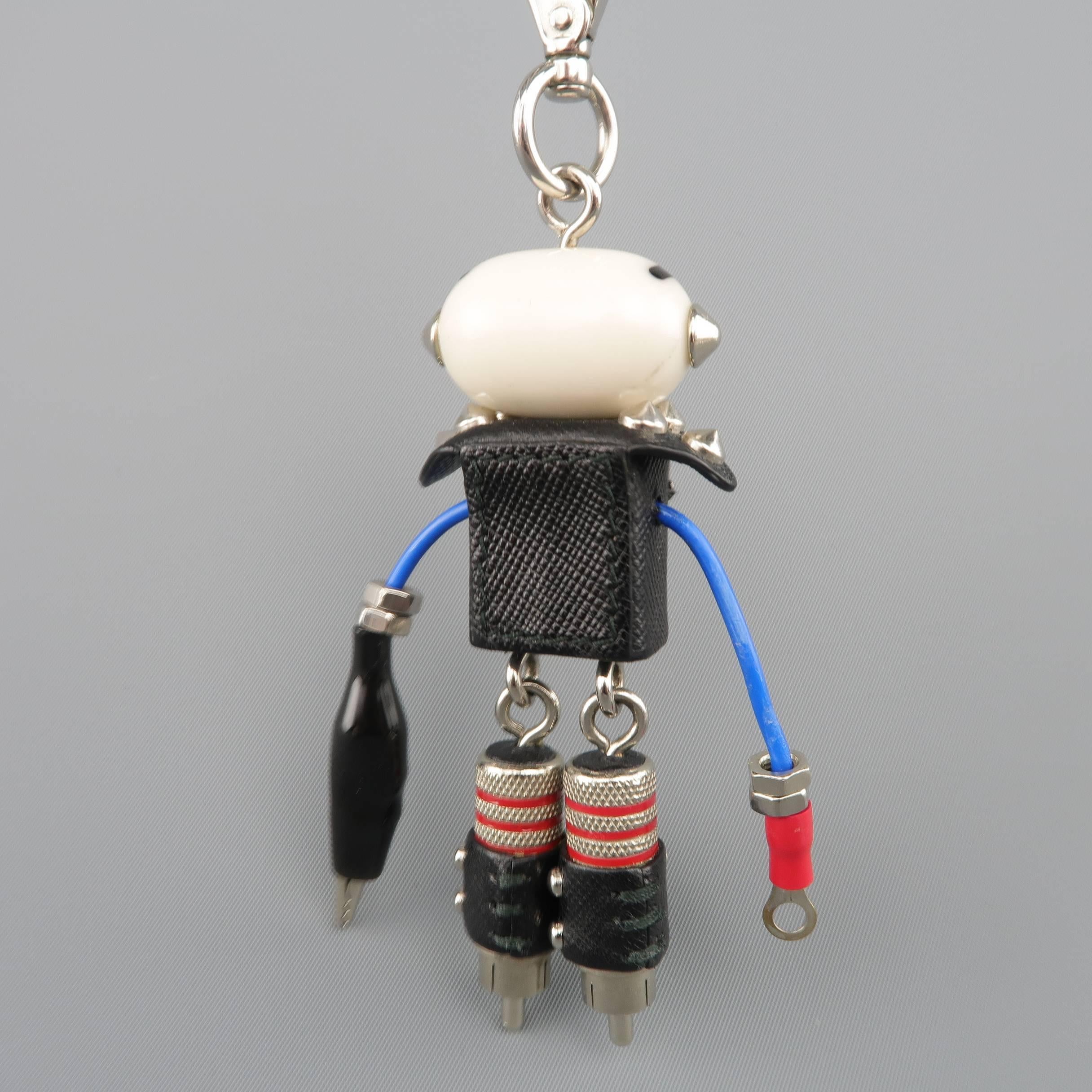 PRADA Noir Rouge & Bleu Matériaux mixtes Plaque émail Sid Robot Porte-clés $285.00 2