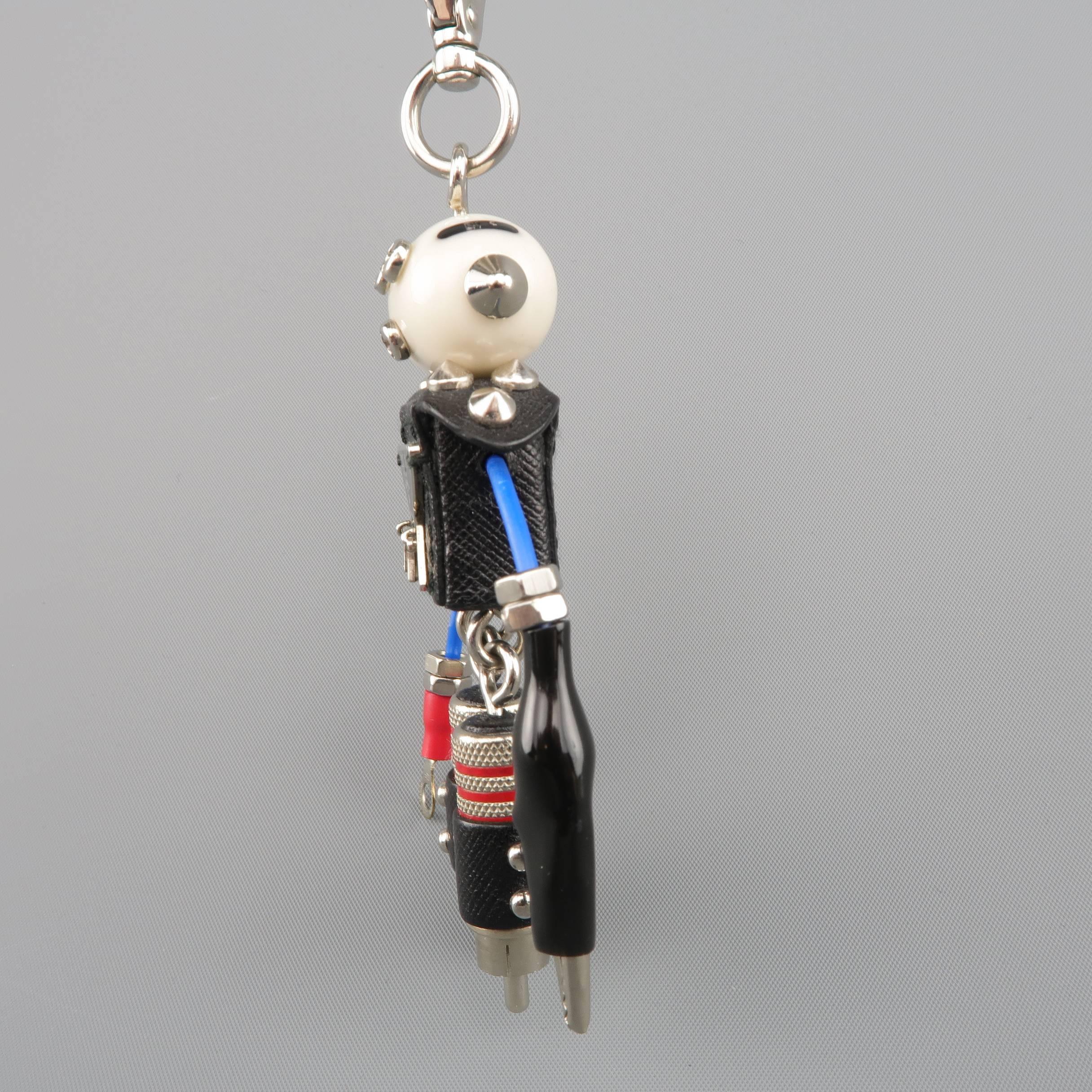 PRADA Noir Rouge & Bleu Matériaux mixtes Plaque émail Sid Robot Porte-clés $285.00 4