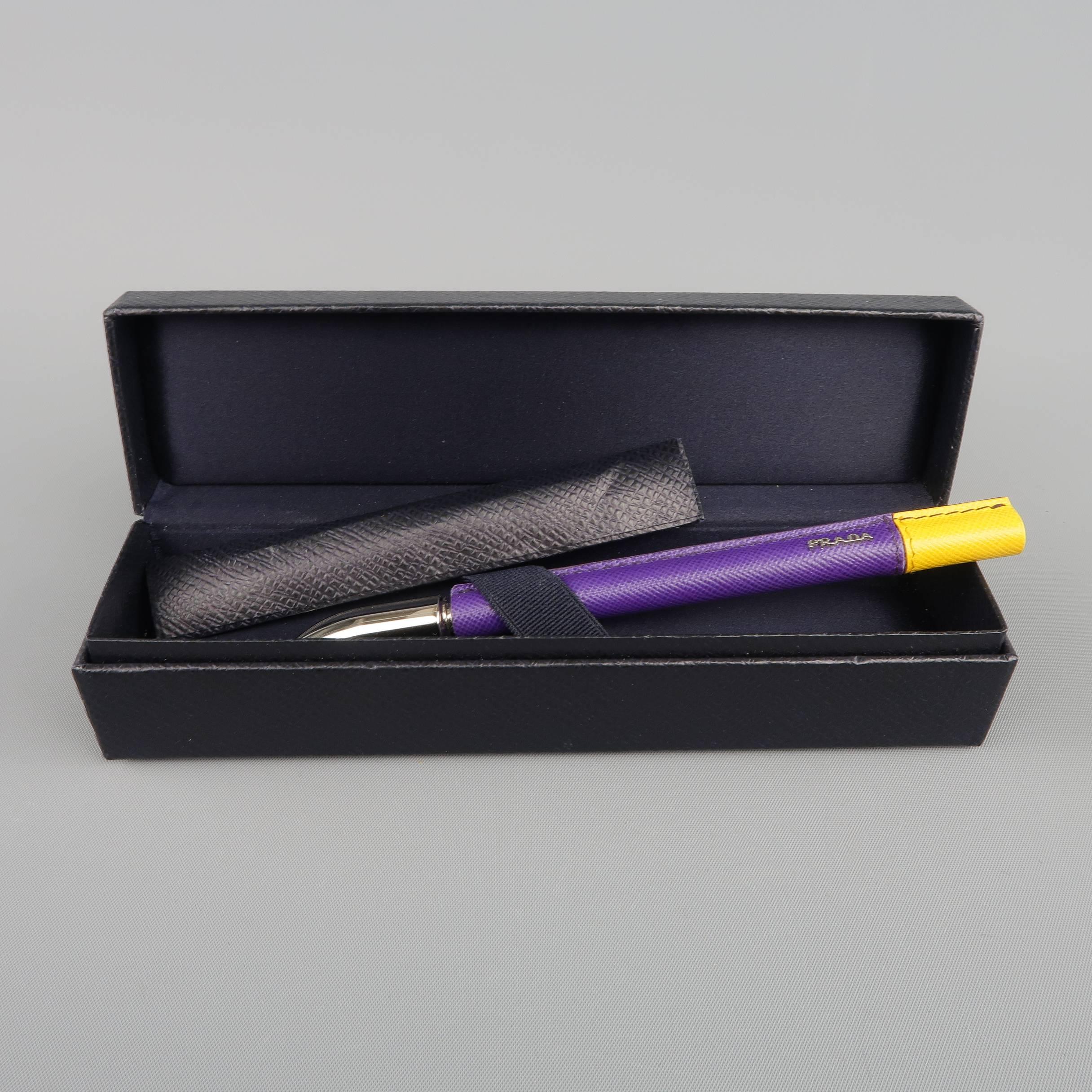 PRADA Purple & Yellow Textured Leather Silver Cap Pen 1