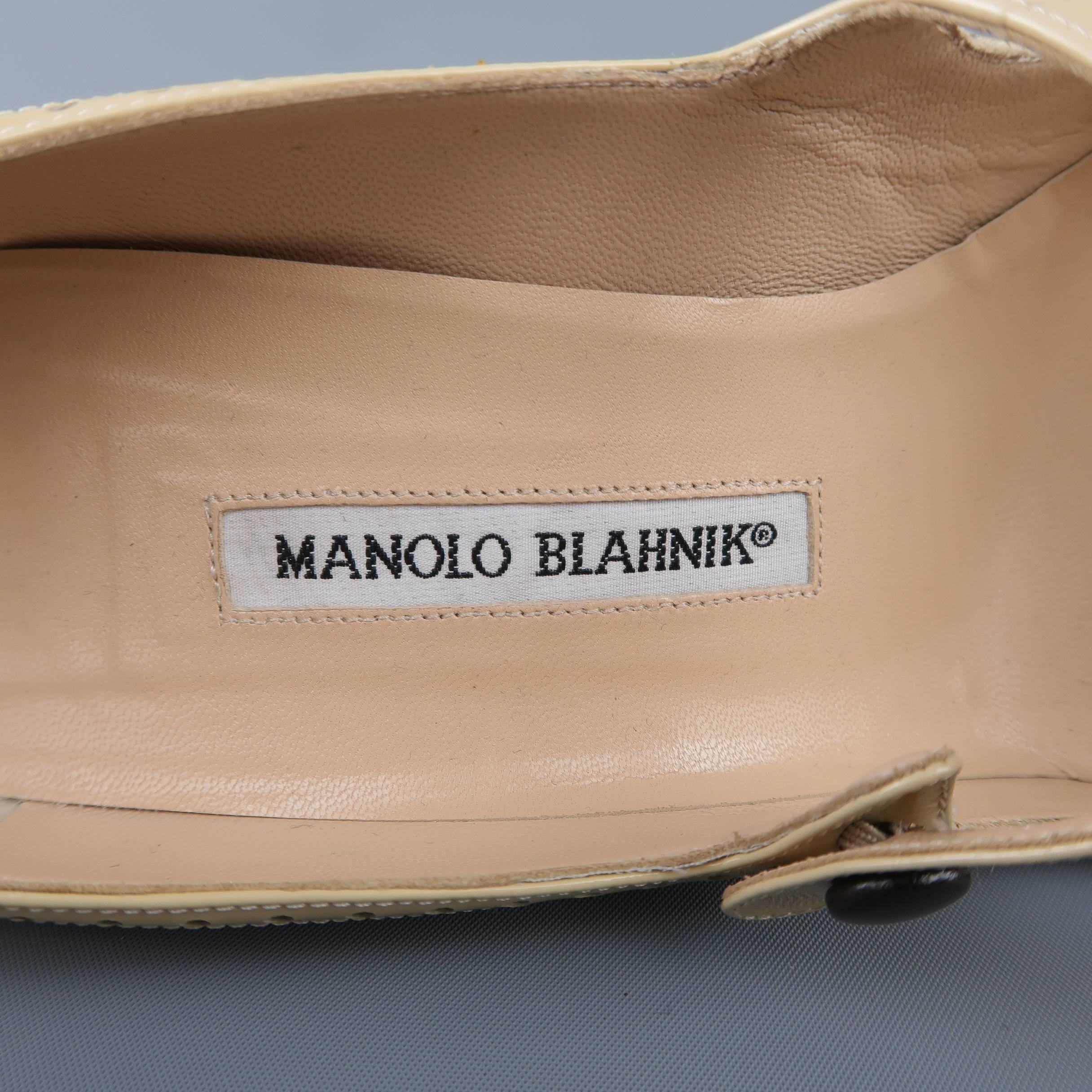 MANOLO BLAHNIK Size 8.5 Beige Patent Leather Mary Jane Brogue Pumps 2