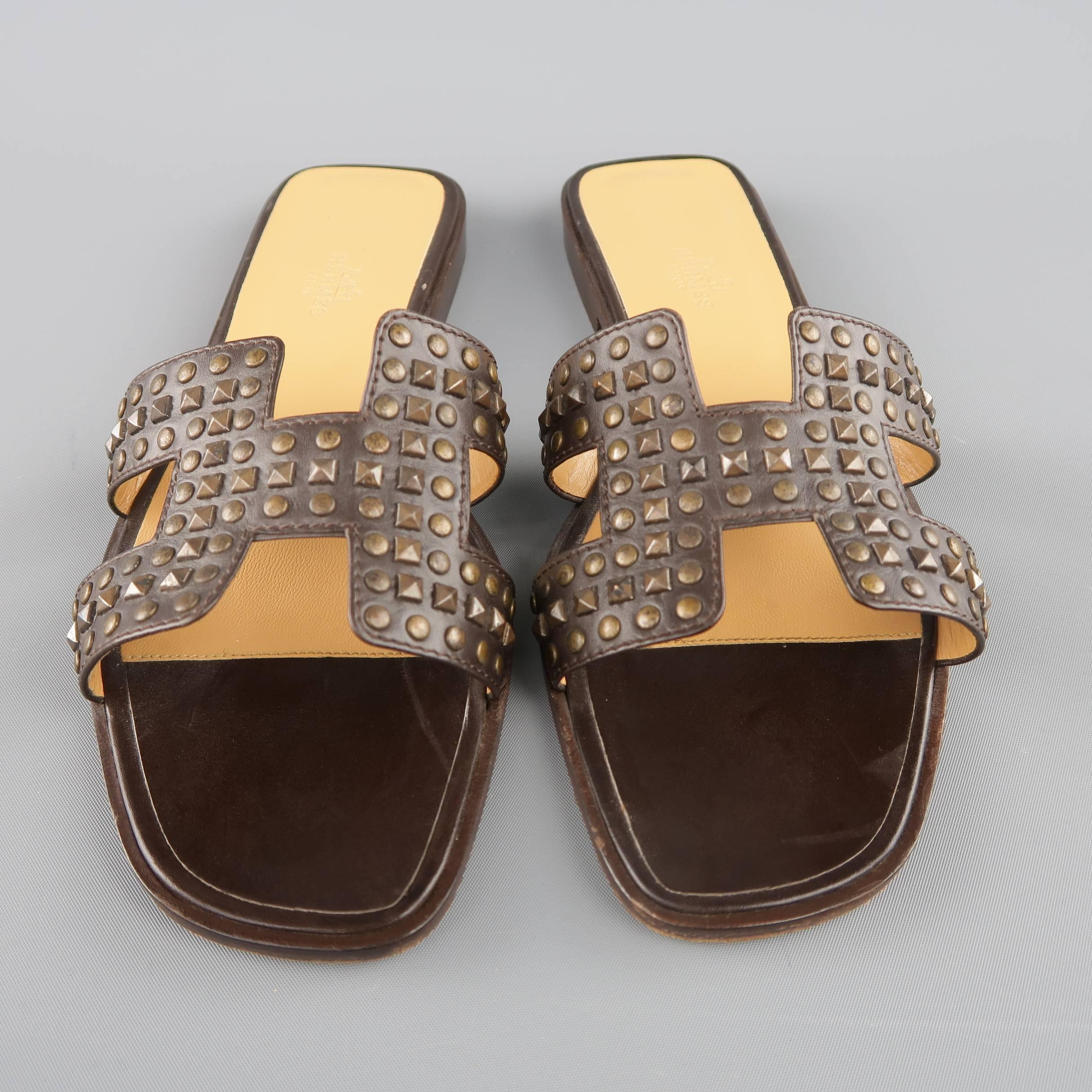 Gray HERMES Size 10 Brown Studded Leather ORAN H Flat Strap Sandals