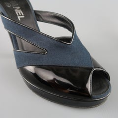 CHANEL Pumps - Size 9 Black & Blue Canvas & Patent Leather Platform Heels