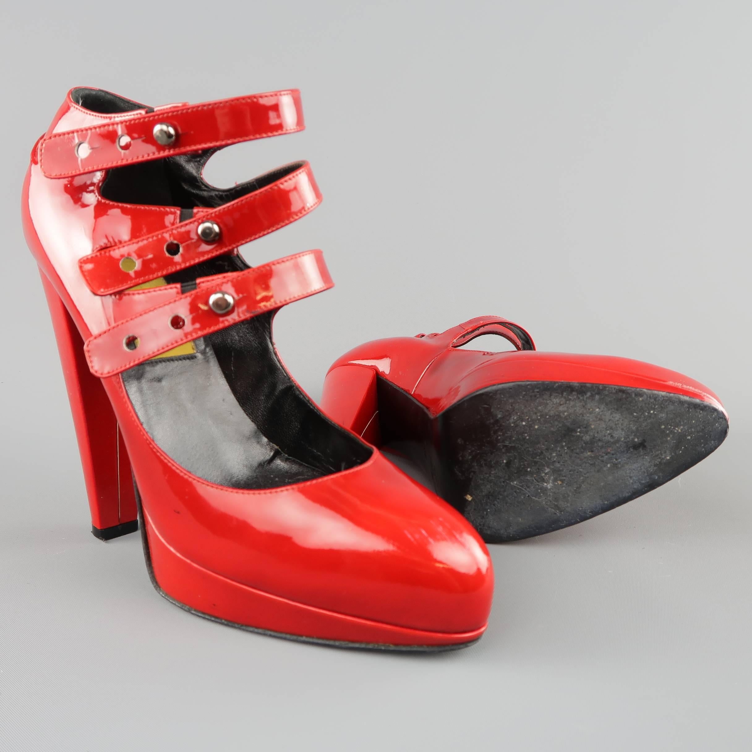LANVIN Size 6 Red Patnet Leather Multi Mary Jane Strap Platform Pumps In Fair Condition In San Francisco, CA