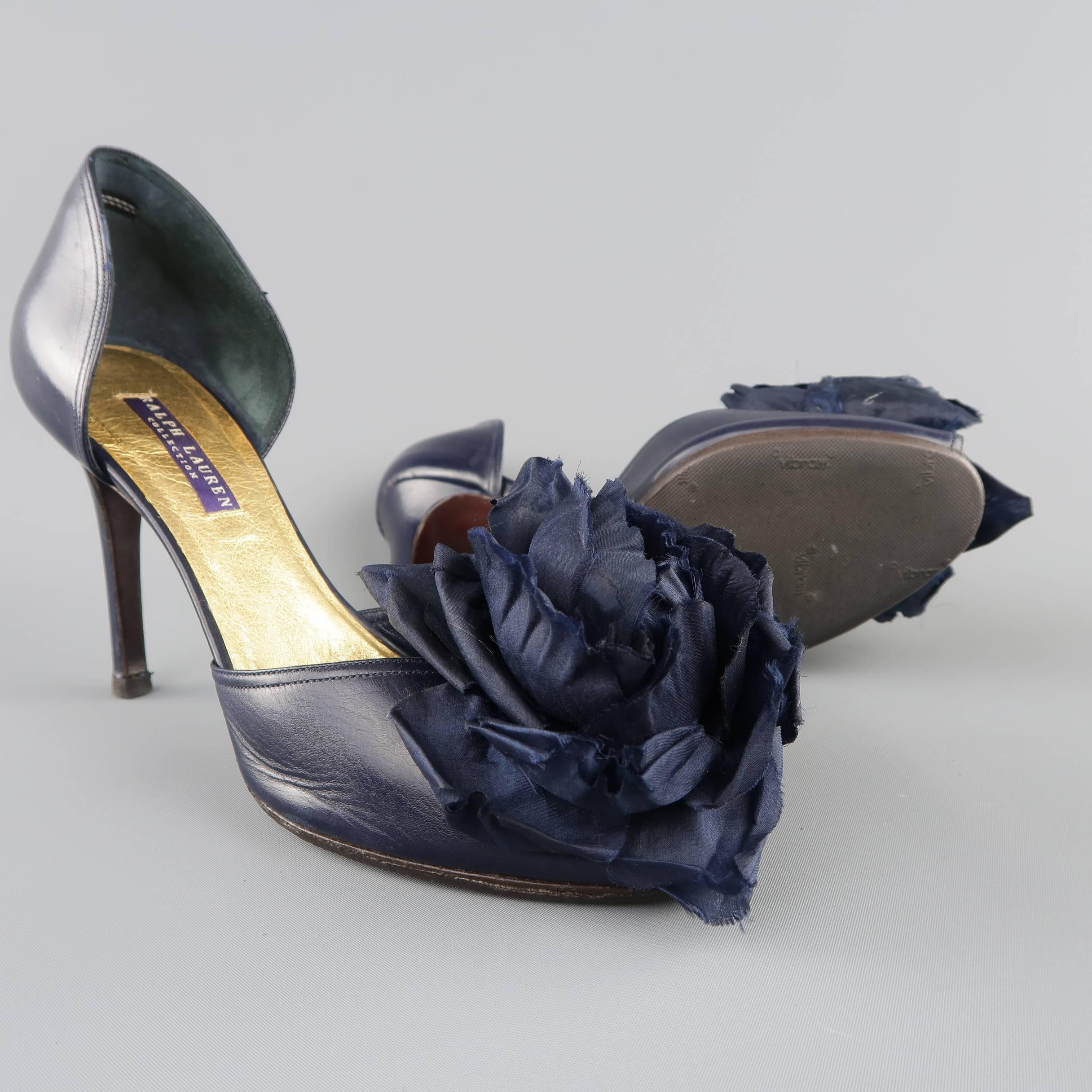 Black RALPH LAUREN COLLECTION Size 8.5 Navy Leather Peep Toe Flower D'orsay Pumps