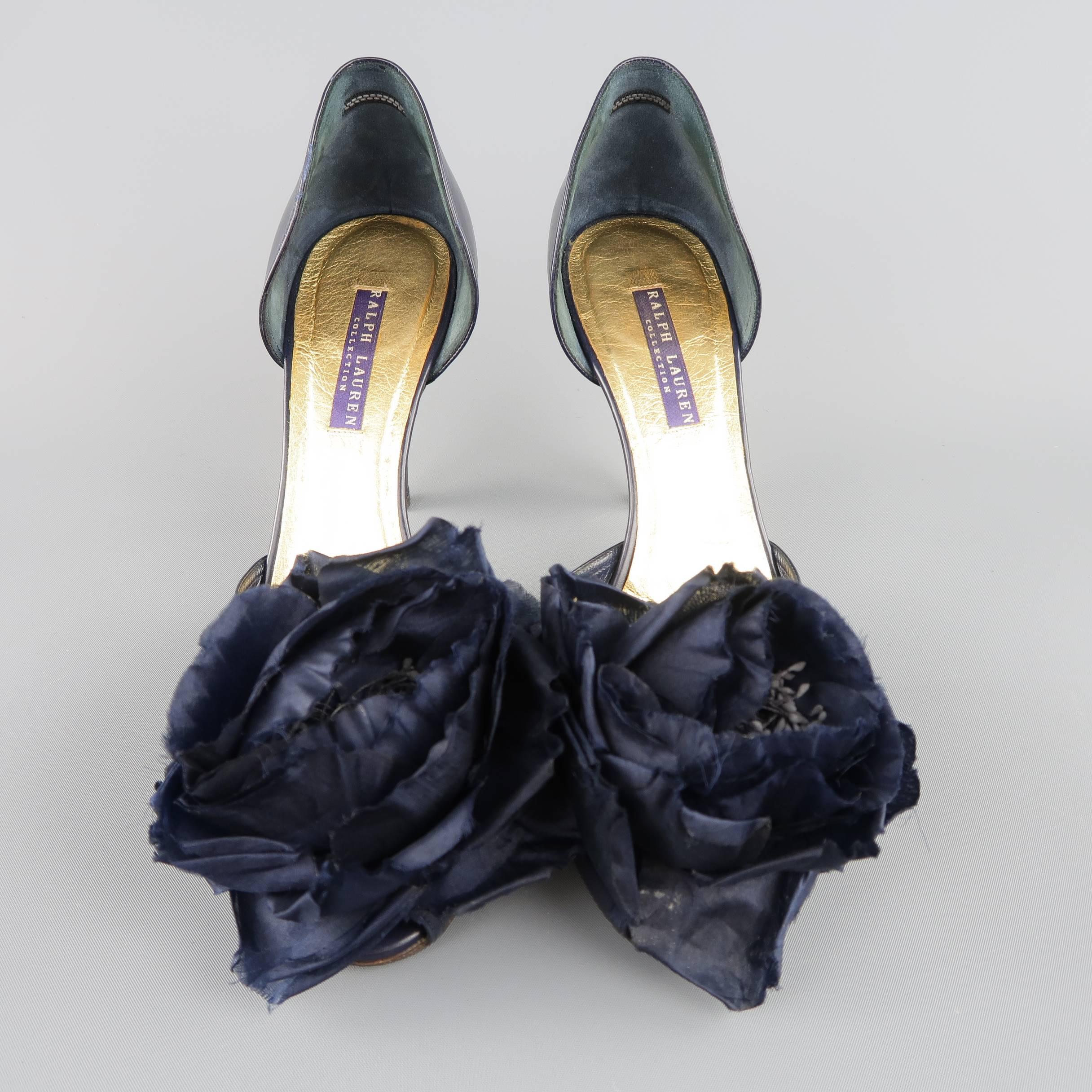 RALPH LAUREN COLLECTION Size 8.5 Navy Leather Peep Toe Flower D'orsay Pumps In Good Condition In San Francisco, CA