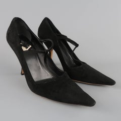 PRADA Size 8 Black Suede Pointed Cuved Heel T-strap Pumps