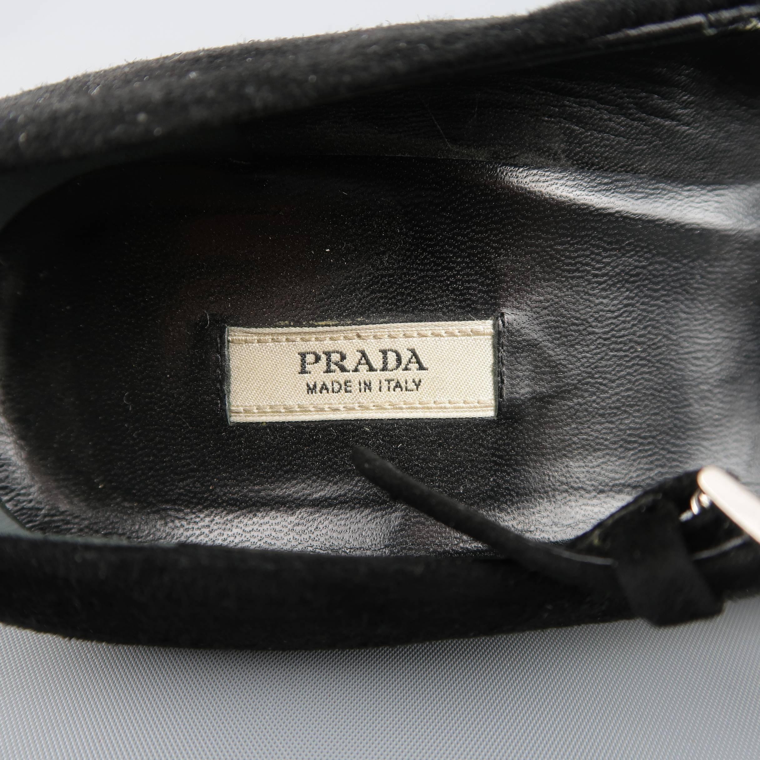 PRADA Size 8 Black Suede Pointed Cuved Heel T-strap Pumps 1
