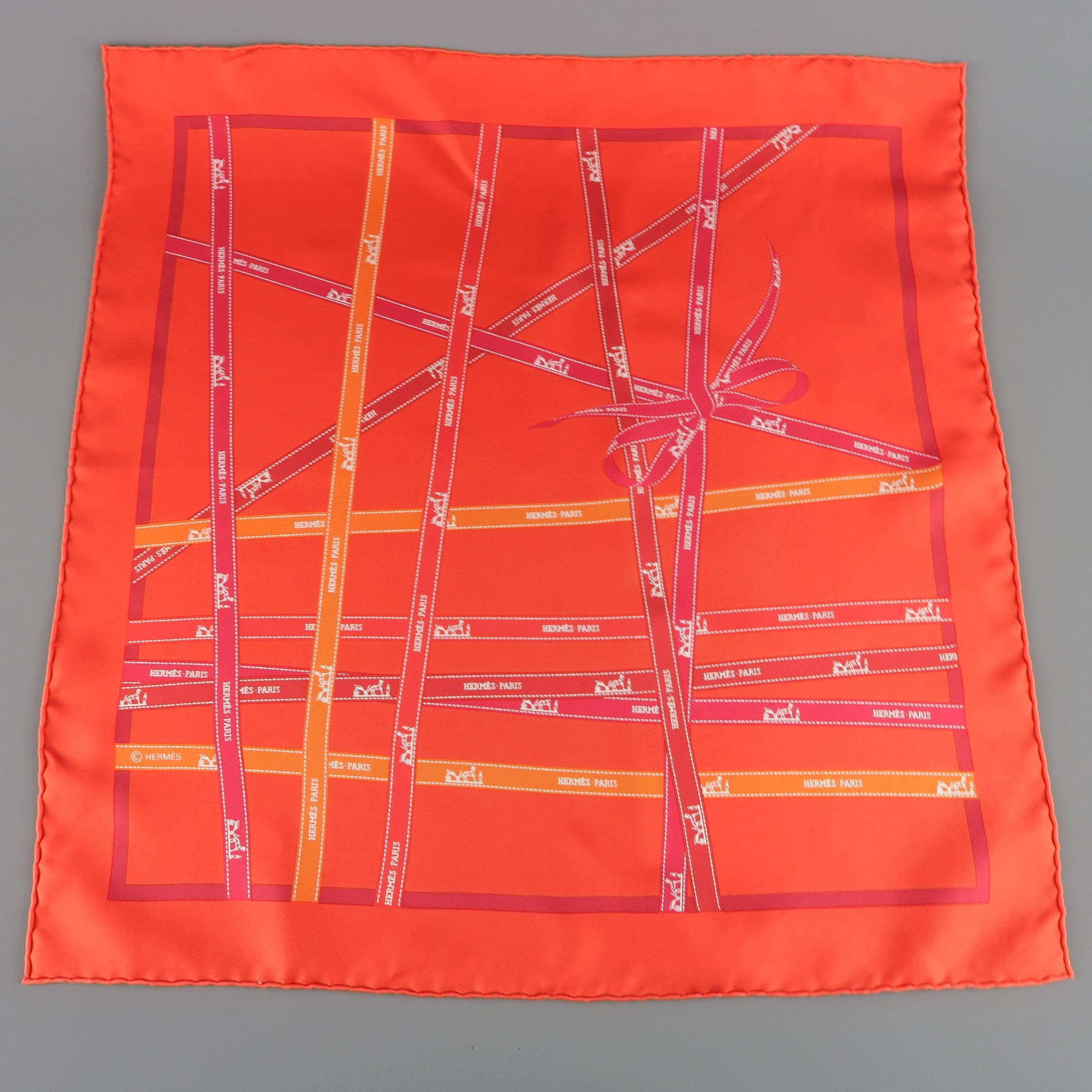 Vintage 1990's HERMES pocket square comes in bold orange red silk twill with all over Bolduc ribbon print in hues of orange and burgundy. Made in France.
 
Excellent Pre-Owned Condition.
 
16.5 x 16.5 in.
 
SKU: 84193