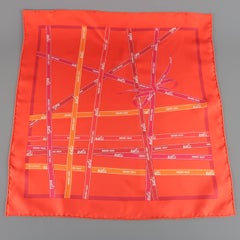 HERMES Red Bolduc Ribbon Print Silk Pocket Square