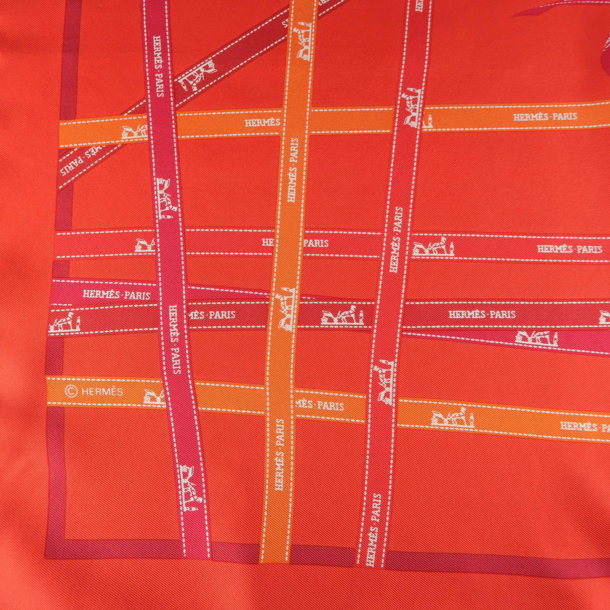 HERMES Red Bolduc Ribbon Print Silk Pocket Square In Excellent Condition In San Francisco, CA