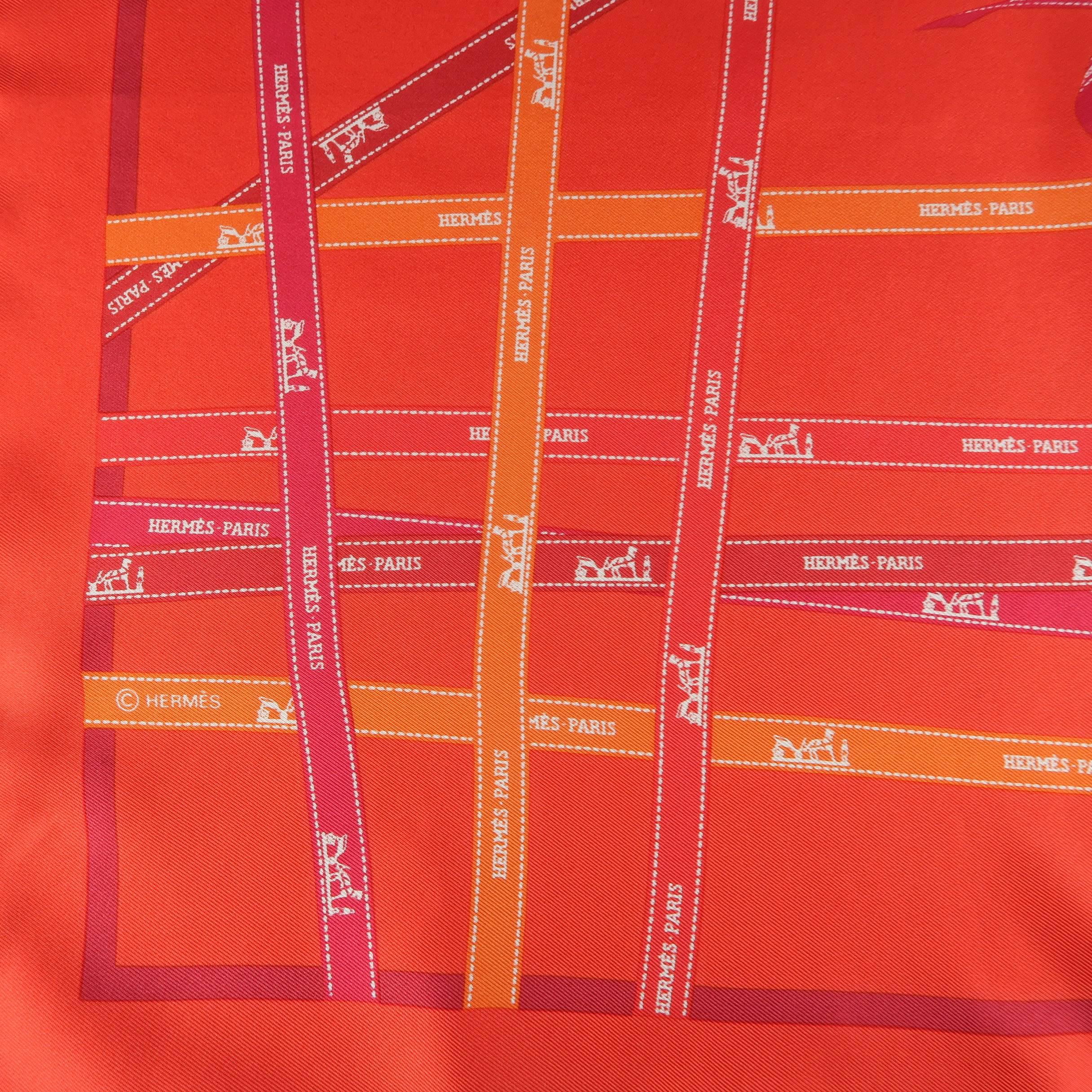 HERMES Red Bolduc Ribbon Print Silk Pocket Square In Excellent Condition In San Francisco, CA