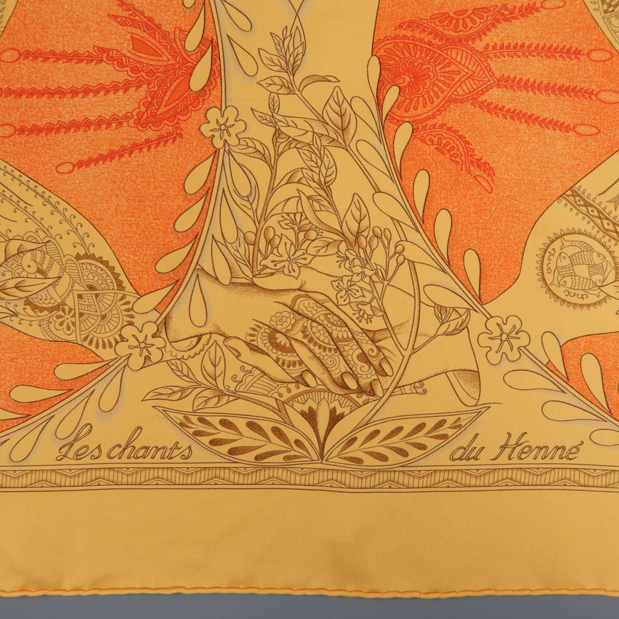 HERMES "Les Chants du Henne" scarf comes in a light orange silk twill with beautiful henna tattoo artist motif. Tag removed. As-is. Made in France.
 
Good Pre-Owned Condition.
 
35 x 35 in.

SKU: 85531