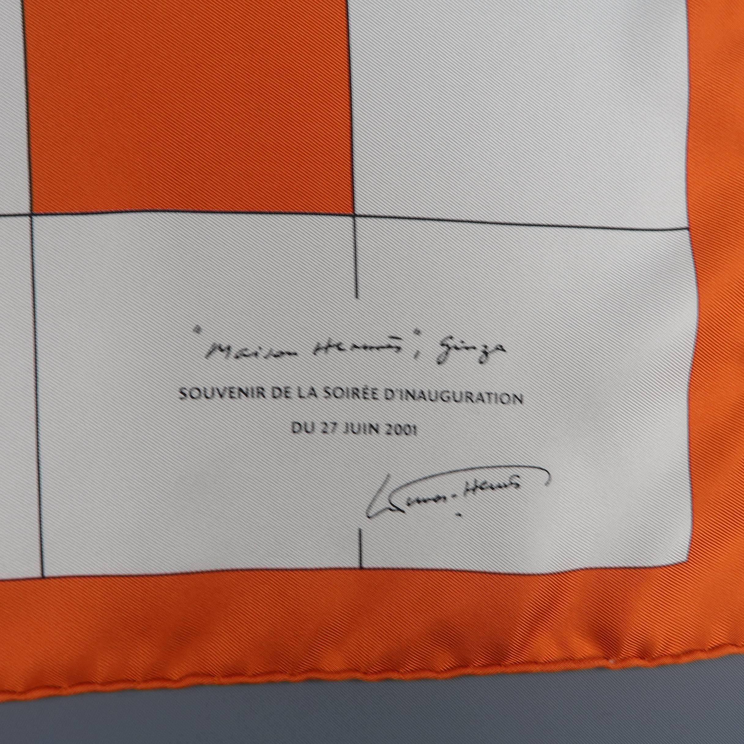 HERMES D'Inaguration 2001 pocket square comes in cream silk twill with grid patter, oversized orange H, and signature. Made in France.
 
Excellent Pre-Owned Condition.
 
16.5 x 16.5 in.

SKU: 84194