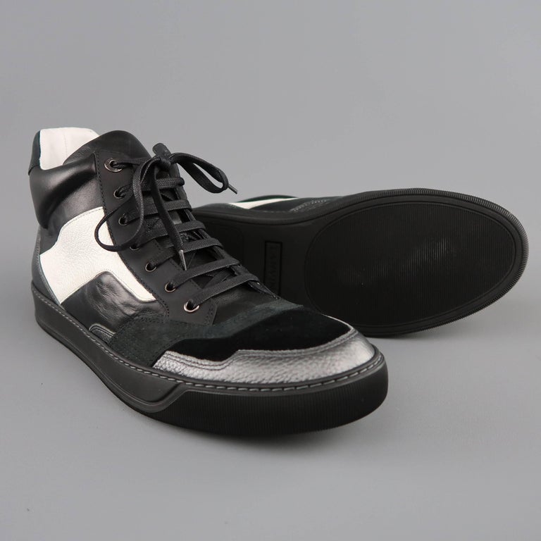 Men's LANVIN Size 12 Black and White Two Toned Leather High Top