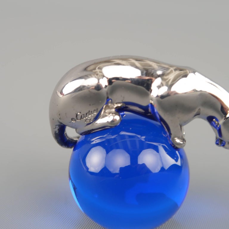 CARTIER Sterling Silver Panthere On Blue Crystal Ball Paperweight