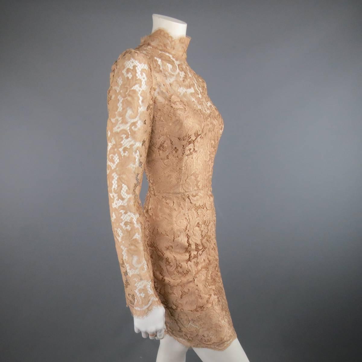 DOLCE & GABBANA Size 8 Beige Lace Mock Neck Long Sleeve Cocktail Dress In Good Condition In San Francisco, CA