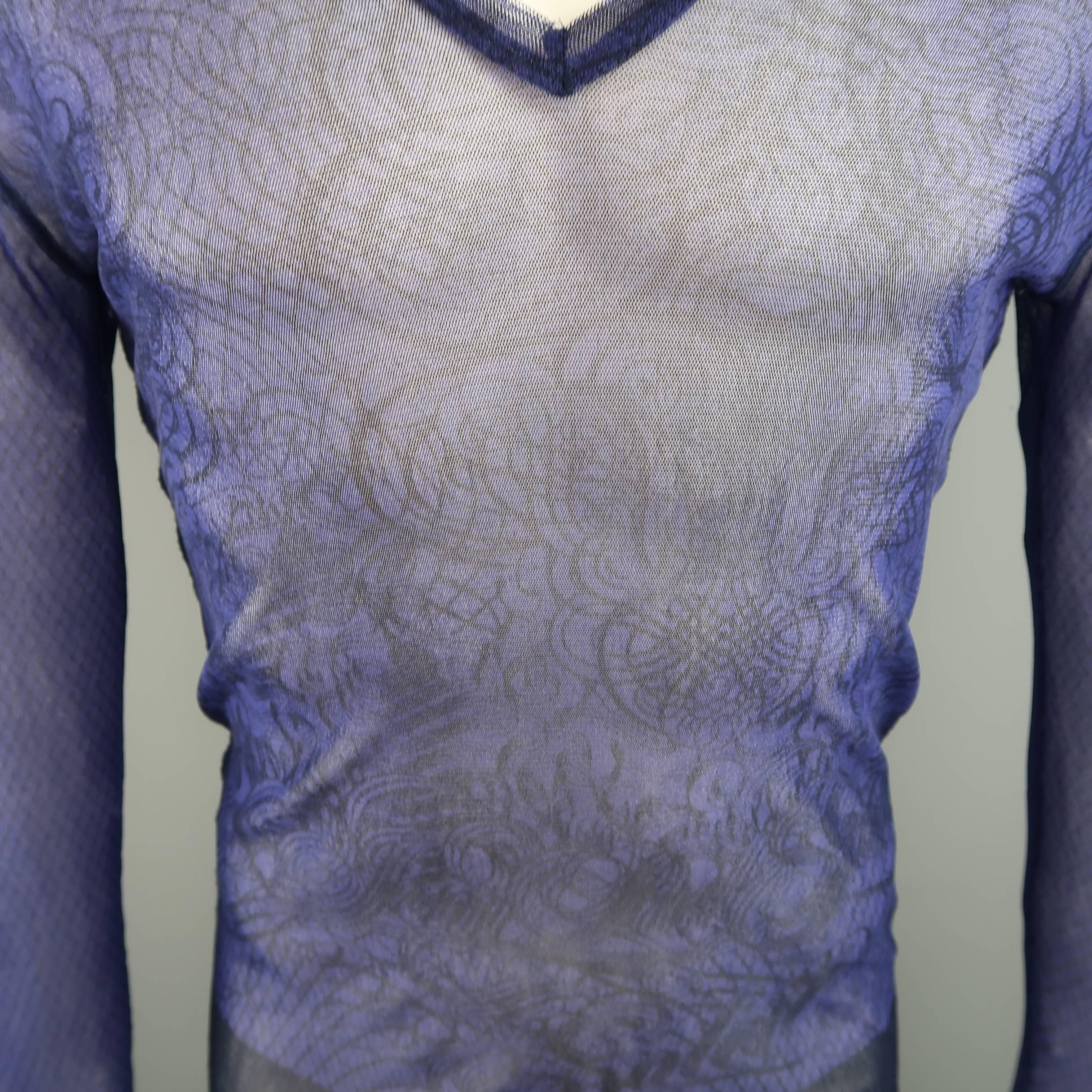 Gray JEAN PAUL GAULTIER Size L Navy Blue Fishnet Print V Neck Mesh Pullover