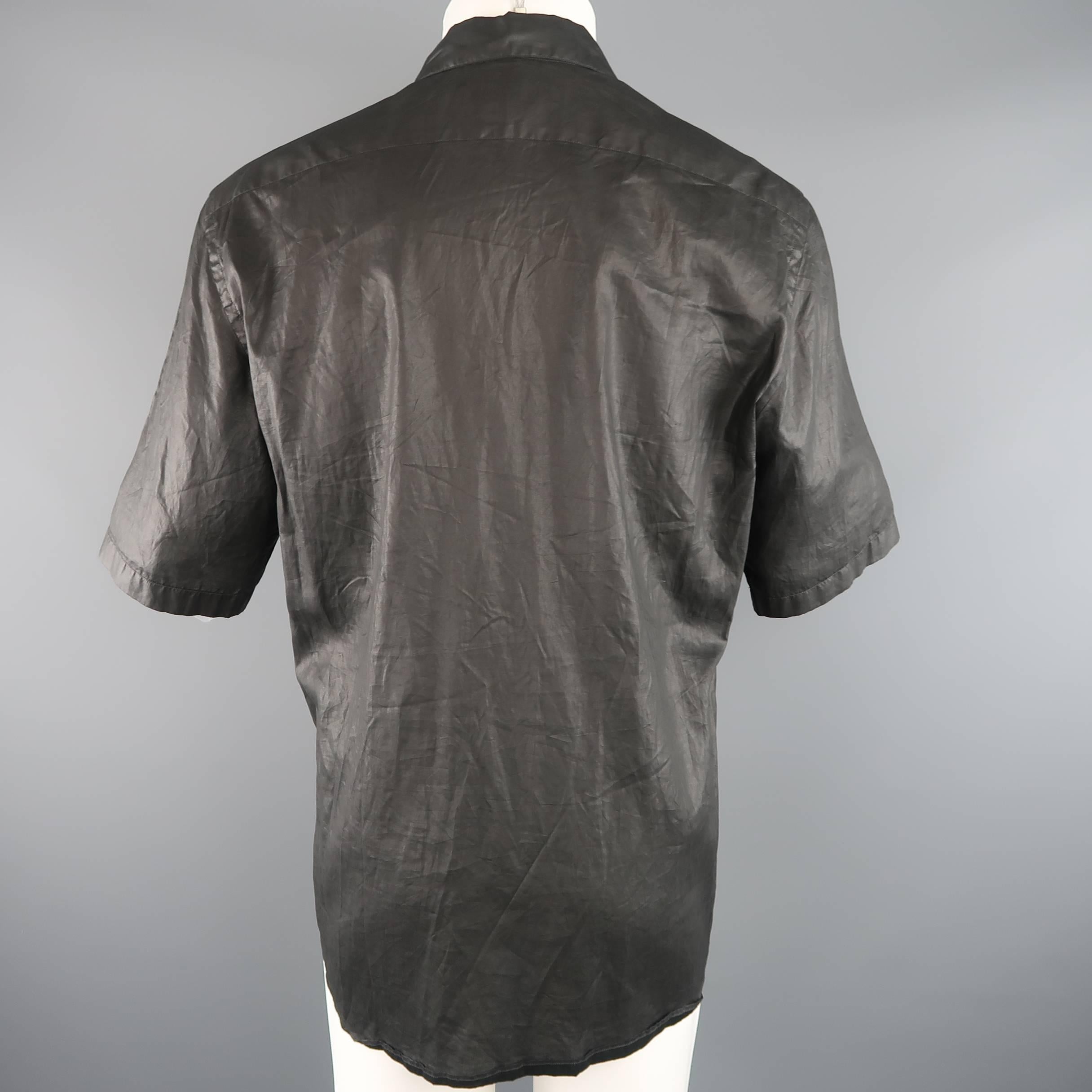 Men's MARNI Size L Black Wrinkled Coated Cotton Short Sleeve Shirt