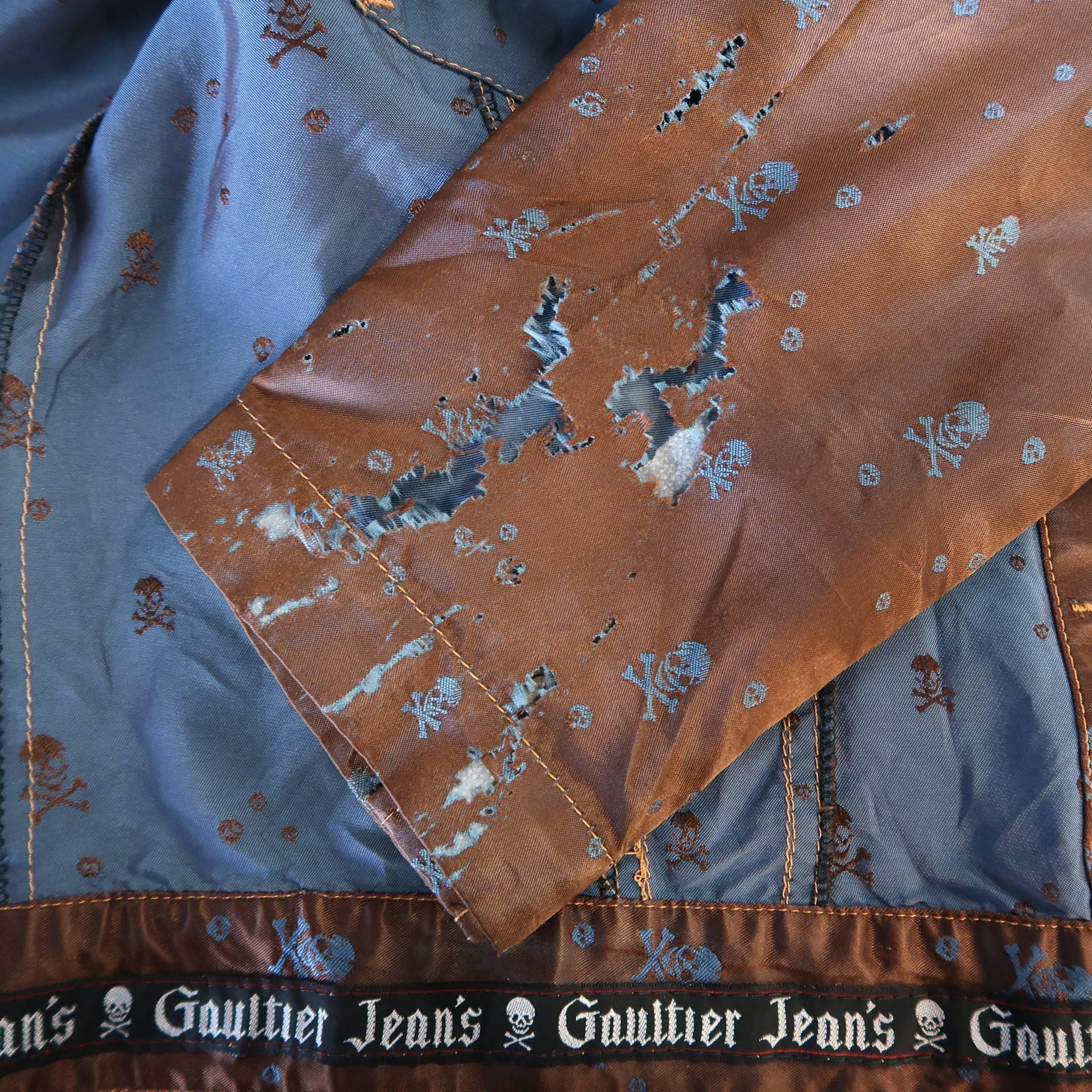 GAULTIER JEANS by JEAN PAUL GAULTIER M Copper & Blue Skull Print Trucker Jacket In Fair Condition In San Francisco, CA