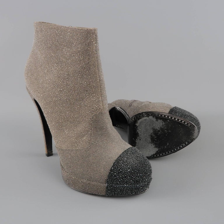 Chanel Boots Heels 8.5 Taupe and Black Glitter Suede Cap Toe