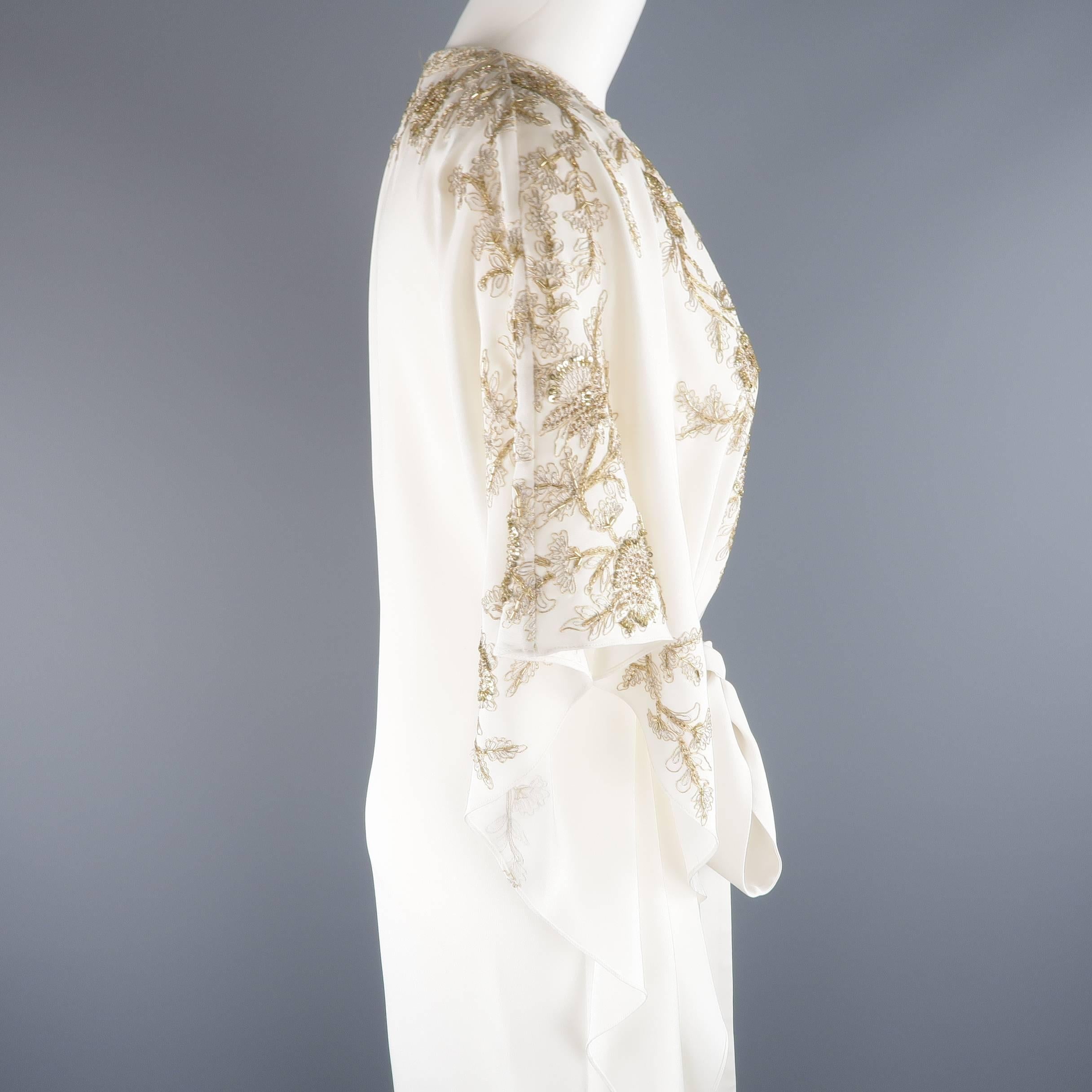 Women's Oscar de la Renta Caftan - Cream Silk Gold Tied Kaftan Gown Dress