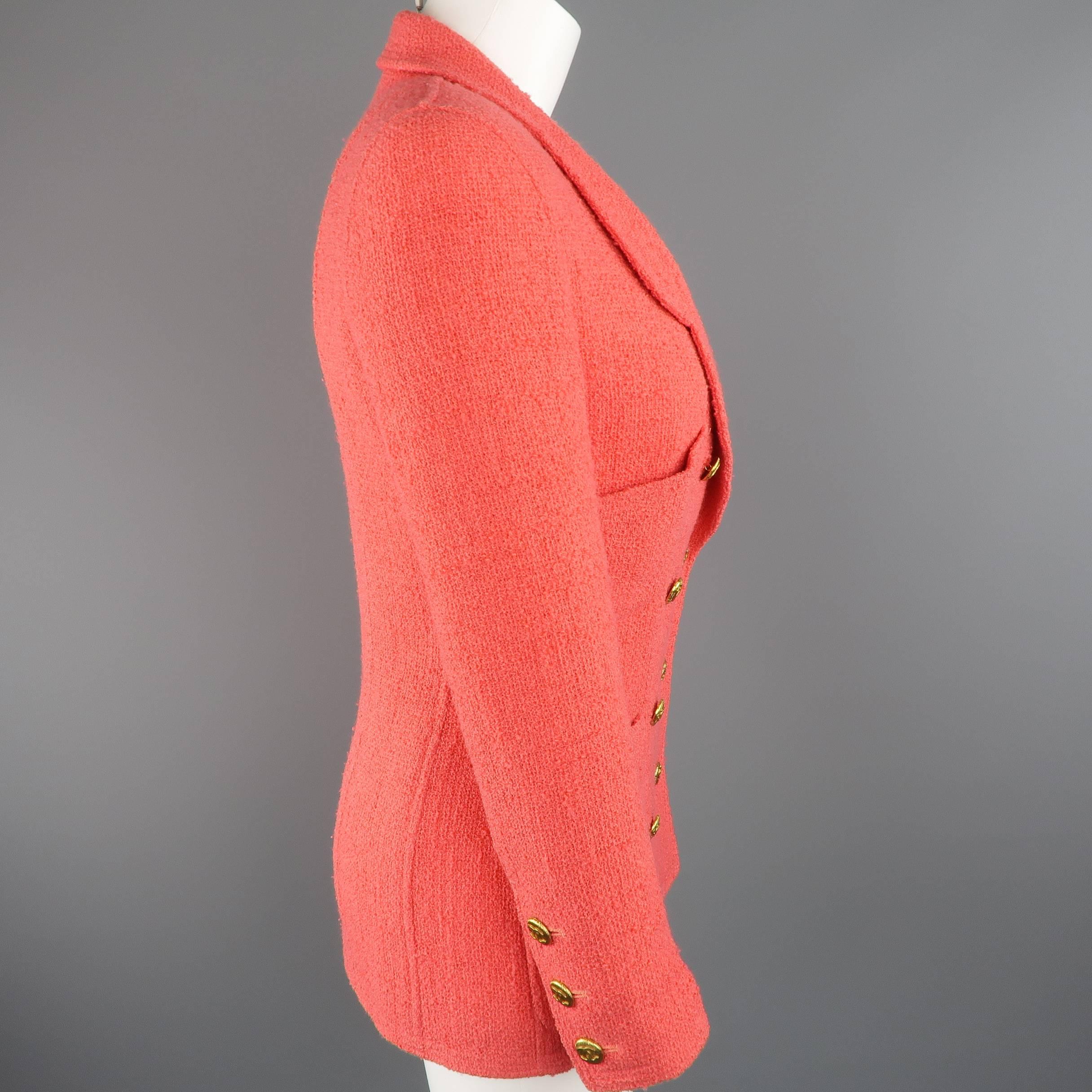 Chanel Jacket - Size 4 Coral Wool Boucle Double Breasted Gold Button Jacket 1