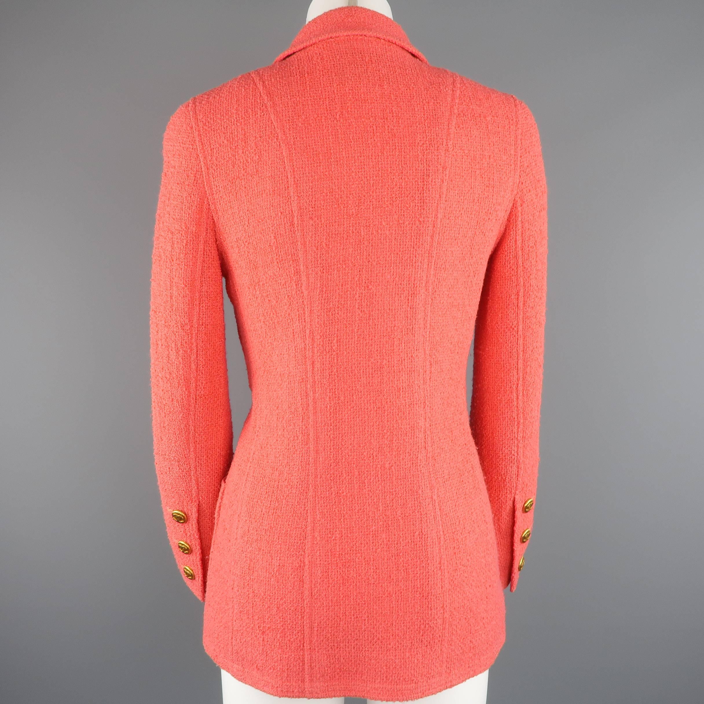 Chanel Jacket - Size 4 Coral Wool Boucle Double Breasted Gold Button Jacket 3