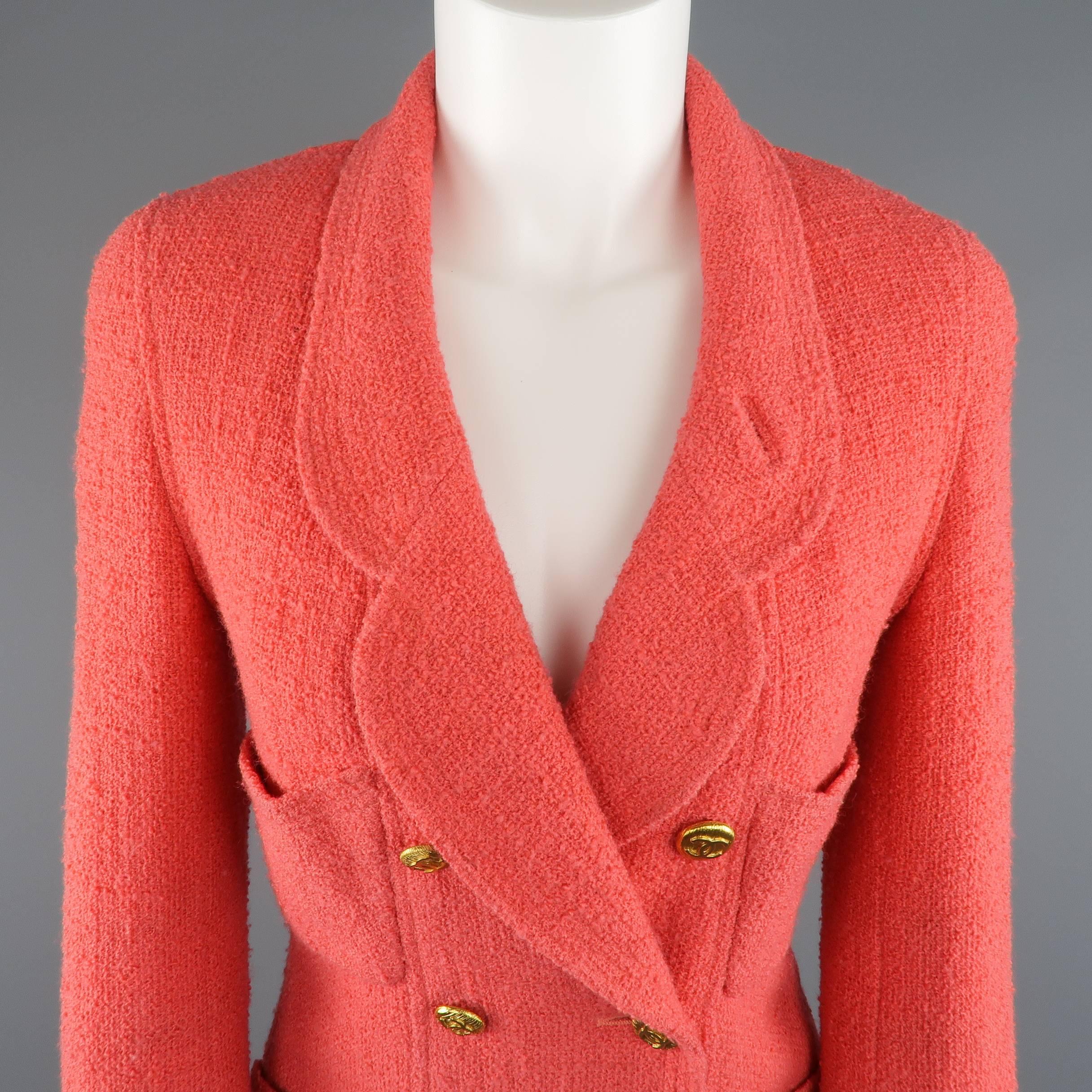 Women's Chanel Jacket - Size 4 Coral Wool Boucle Double Breasted Gold Button Jacket