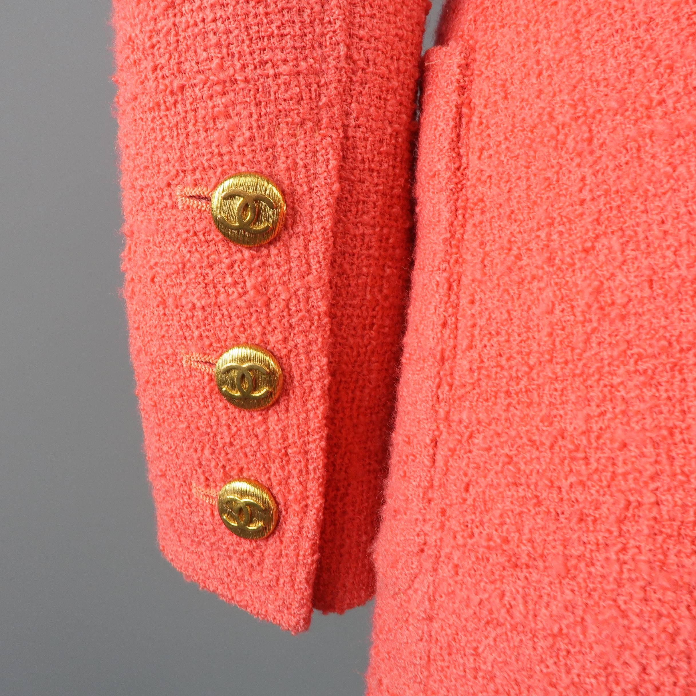 Chanel Jacket - Size 4 Coral Wool Boucle Double Breasted Gold Button Jacket 2