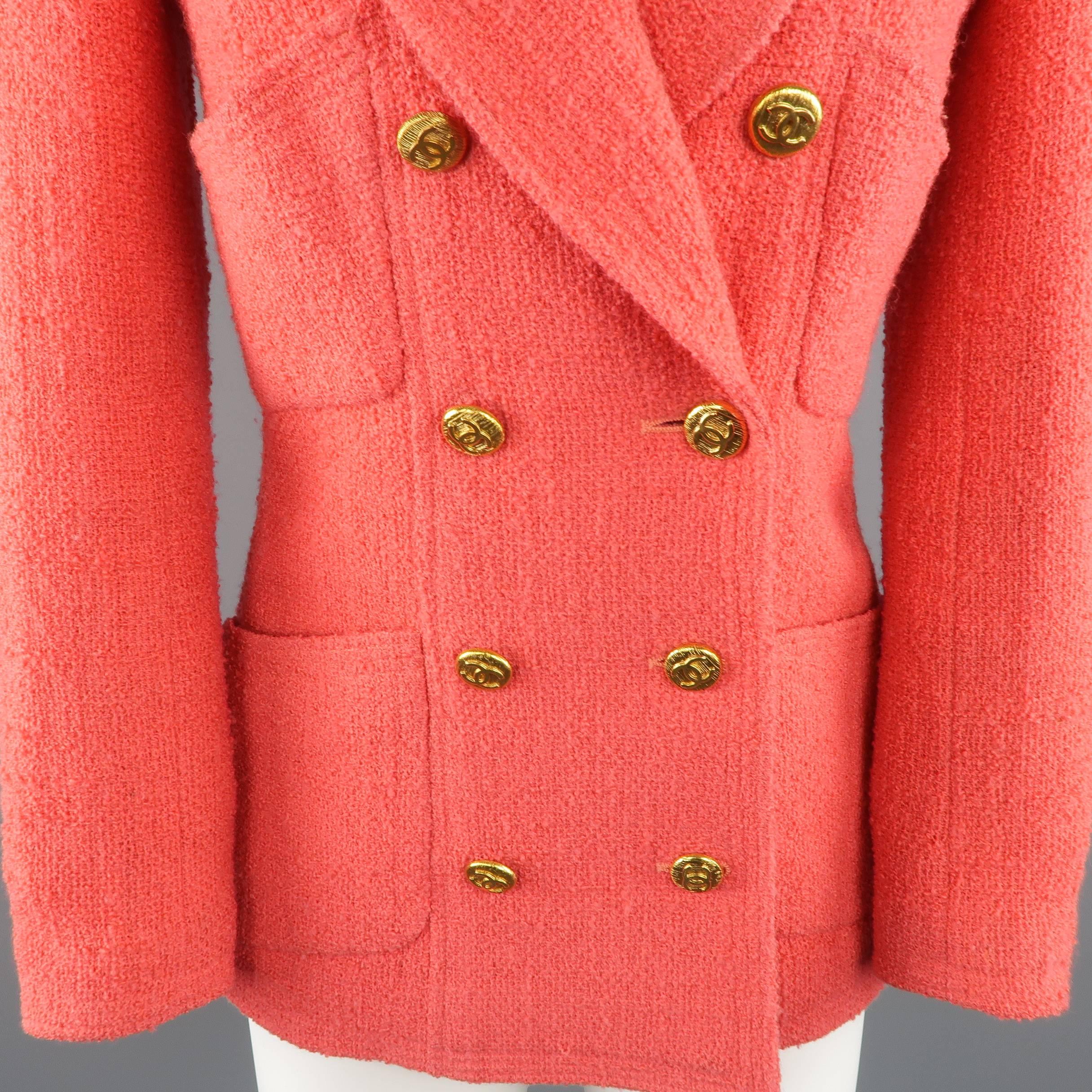 Chanel Jacket - Size 4 Coral Wool Boucle Double Breasted Gold Button Jacket In Good Condition In San Francisco, CA