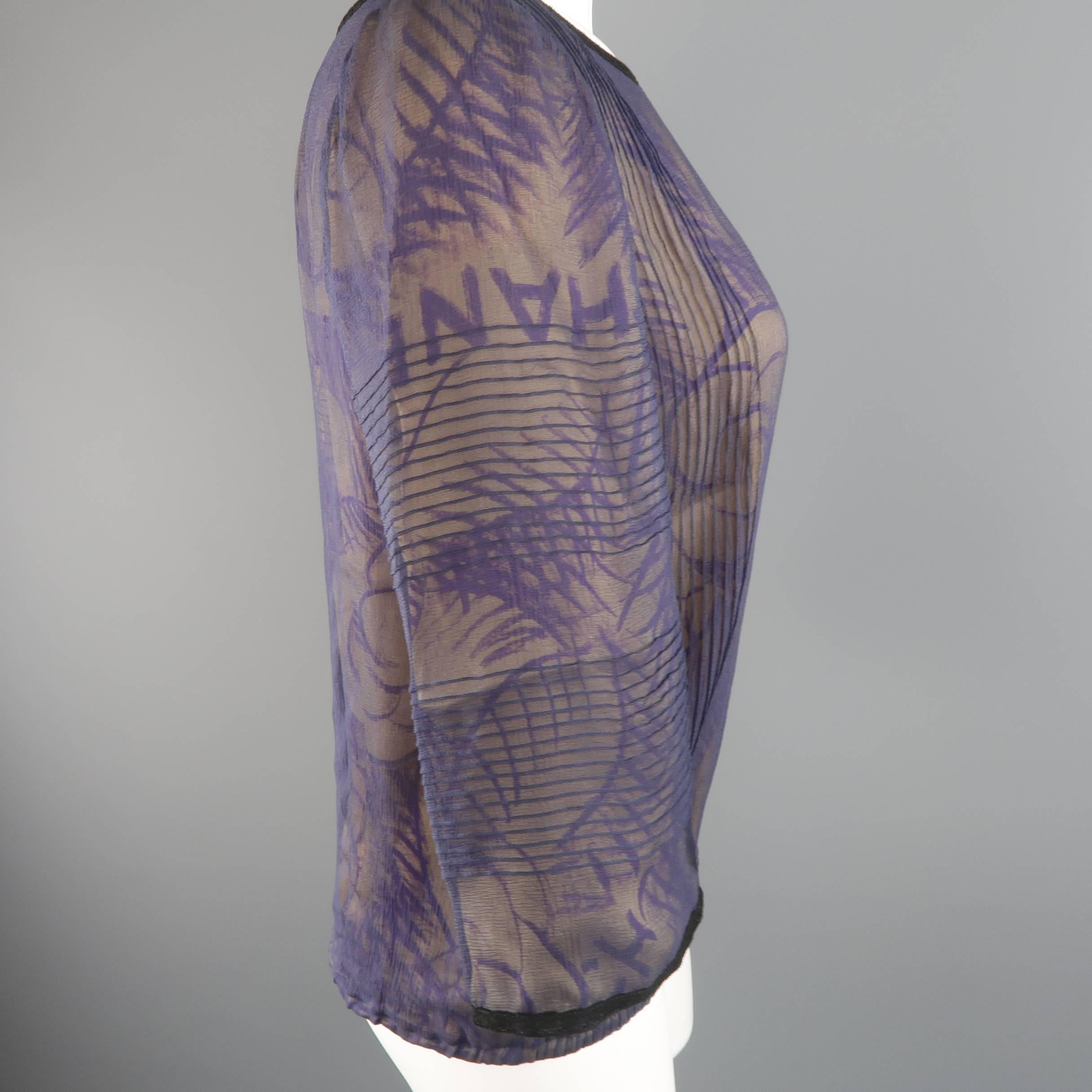 CHANEL Blouse - Size 6 Purple & Beige Camellia Chiffon Overlay Silk 3/4 Sleeve 1