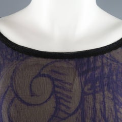 CHANEL Blouse - Size 6 Purple & Beige Camellia Chiffon Overlay Silk 3/4 Sleeve
