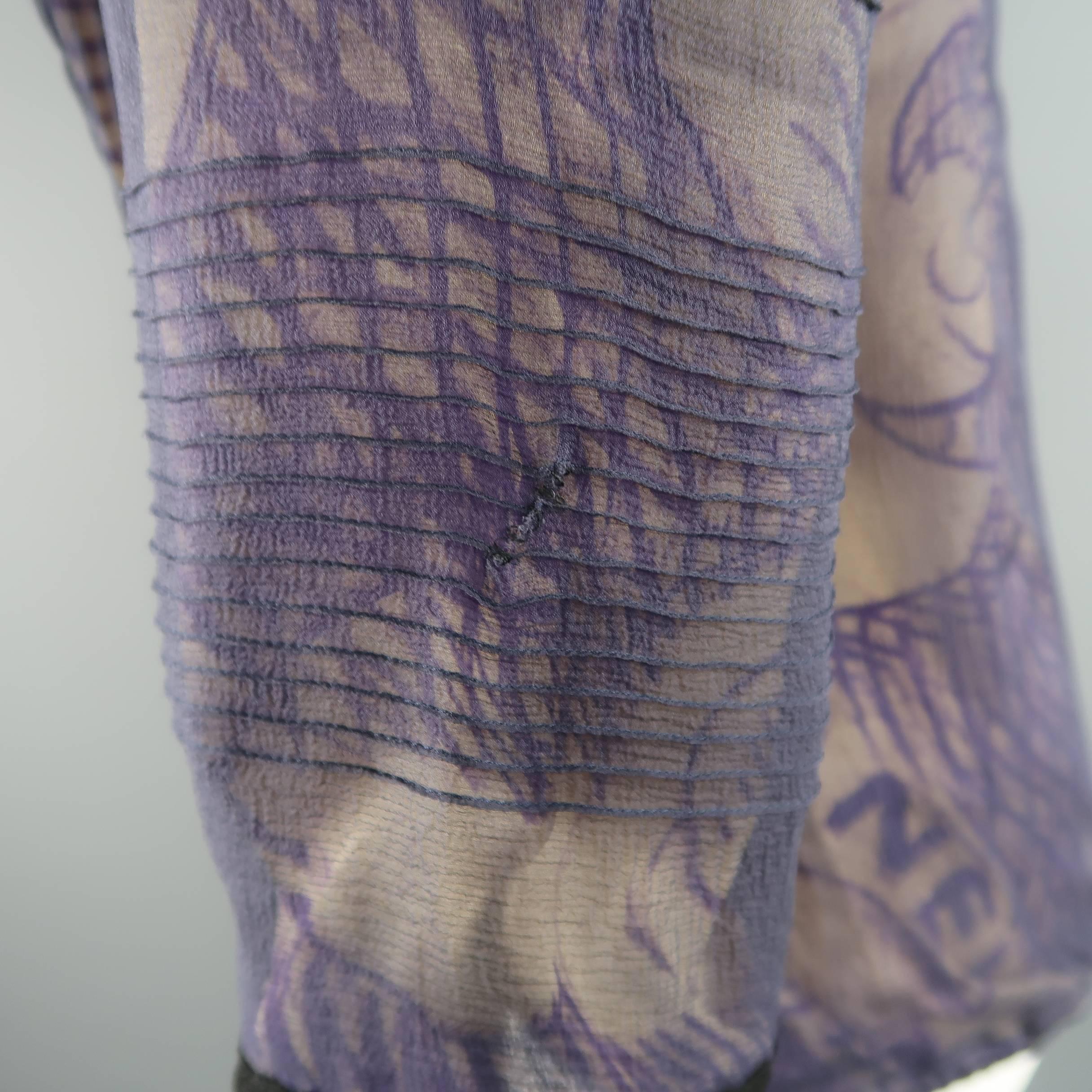 CHANEL Blouse - Size 6 Purple & Beige Camellia Chiffon Overlay Silk 3/4 Sleeve 3