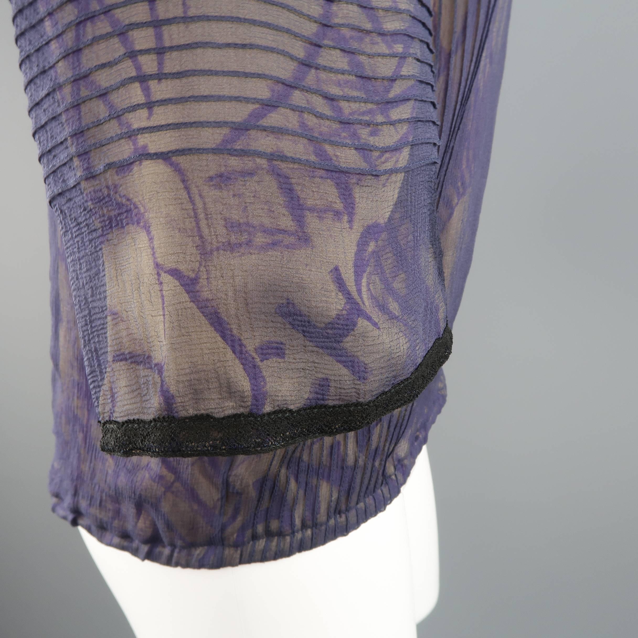 CHANEL Blouse - Size 6 Purple & Beige Camellia Chiffon Overlay Silk 3/4 Sleeve 2