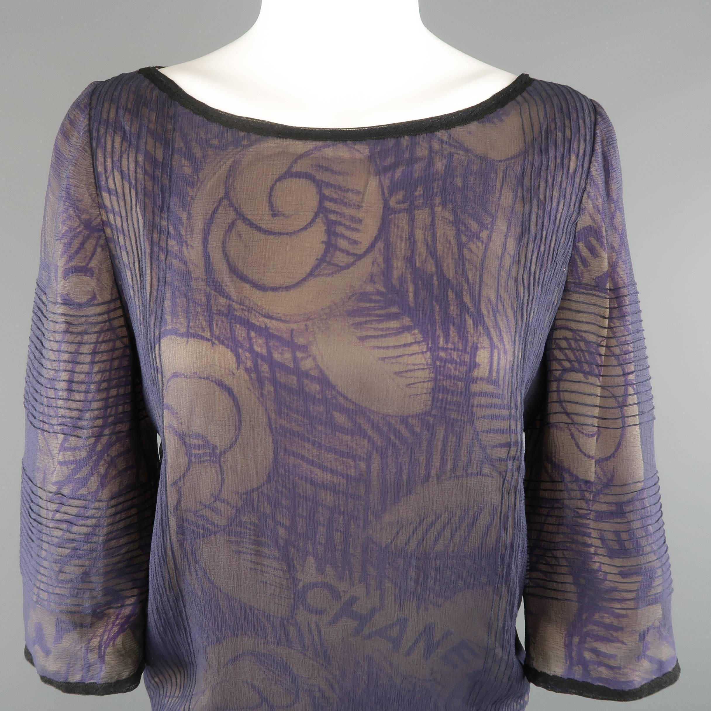 Gray CHANEL Blouse - Size 6 Purple & Beige Camellia Chiffon Overlay Silk 3/4 Sleeve