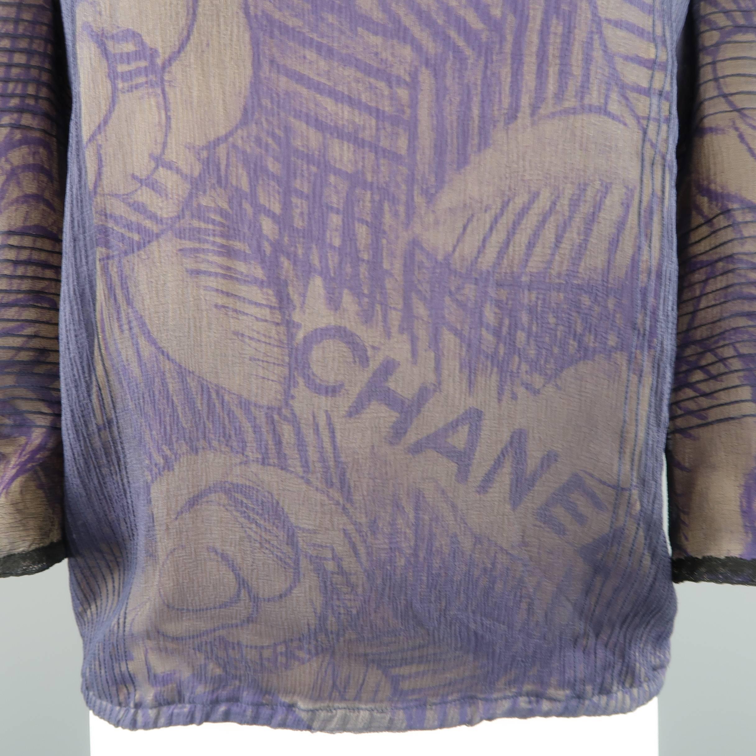 Women's CHANEL Blouse - Size 6 Purple & Beige Camellia Chiffon Overlay Silk 3/4 Sleeve