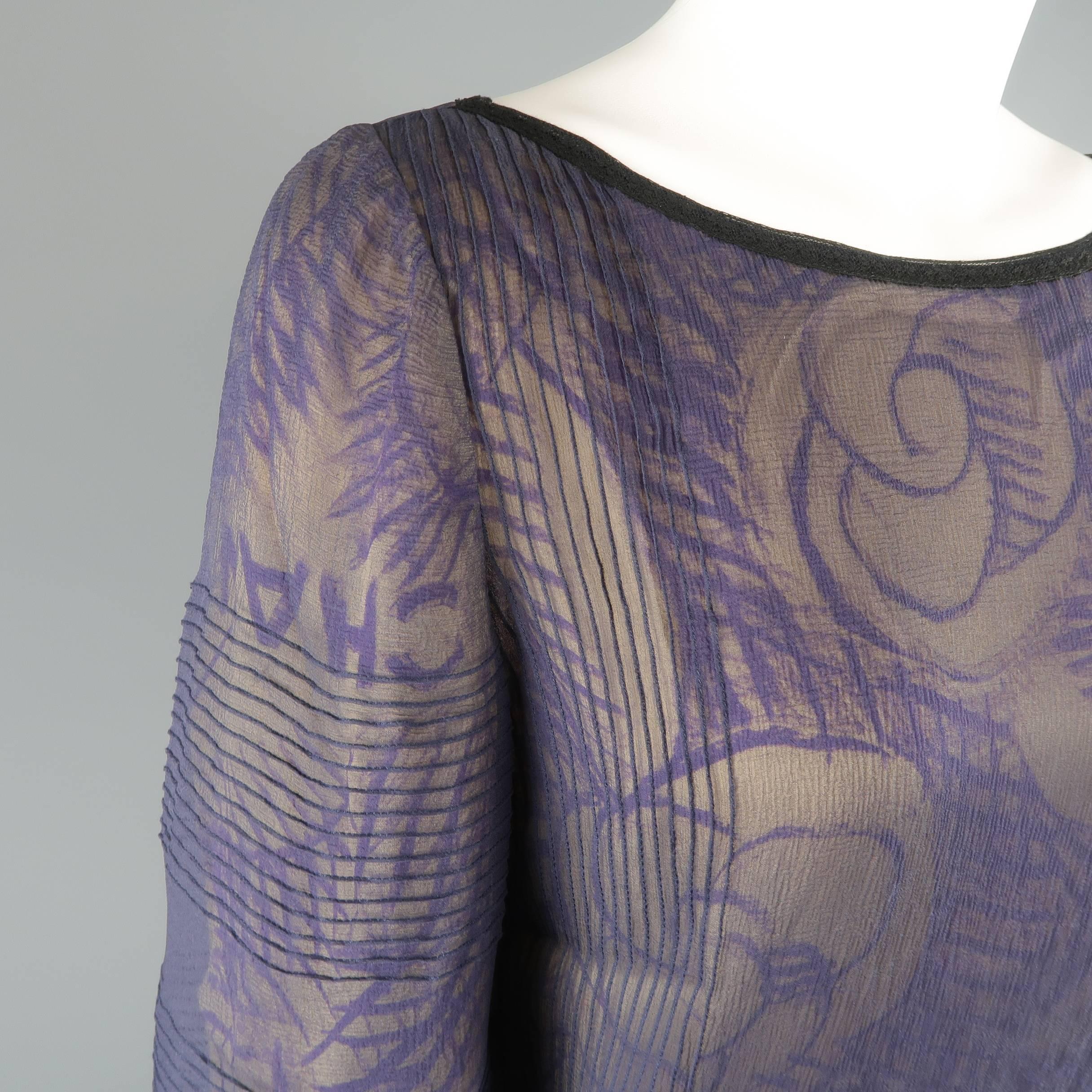 CHANEL Blouse - Size 6 Purple & Beige Camellia Chiffon Overlay Silk 3/4 Sleeve In Good Condition In San Francisco, CA