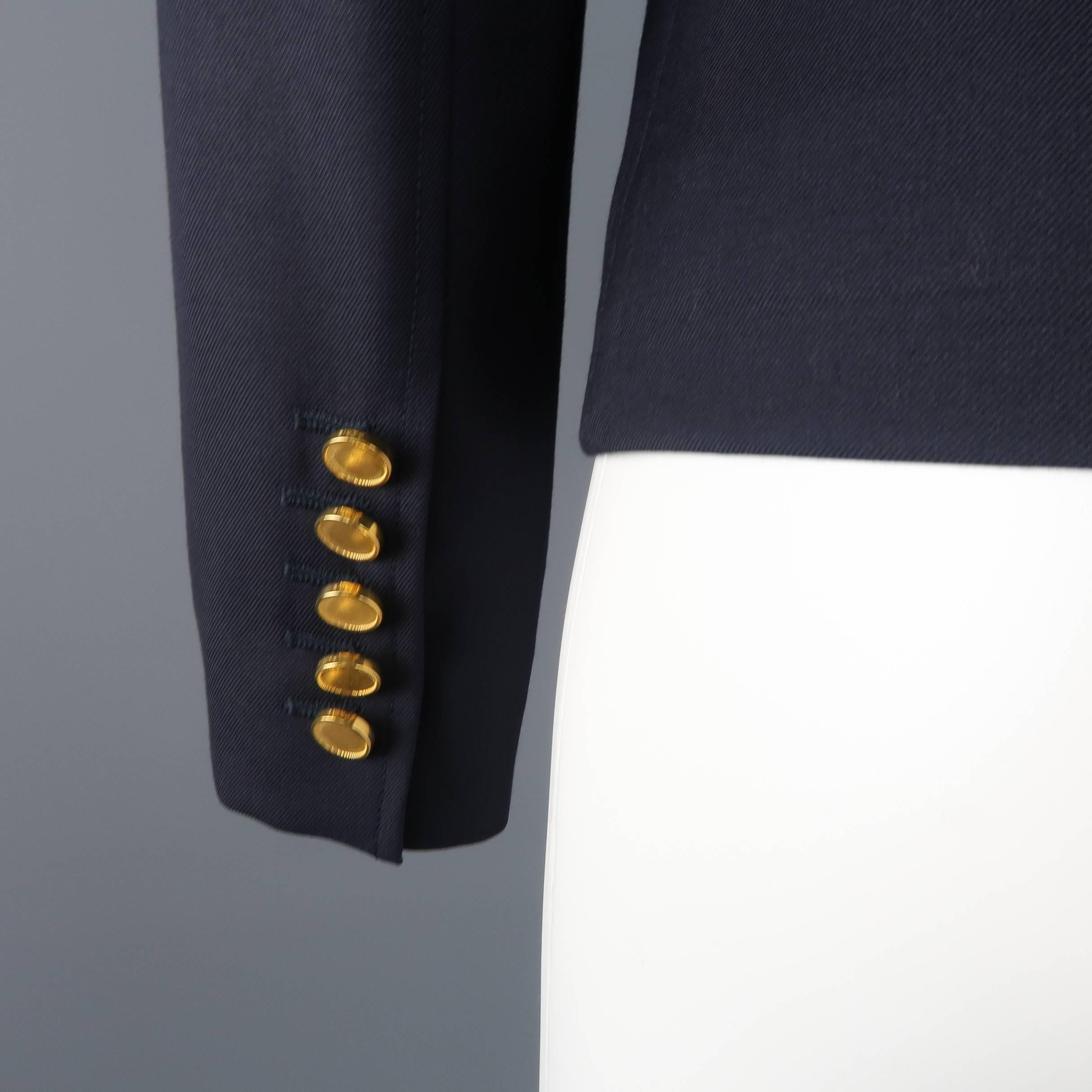 SAINT LAURENT Size 4 Navy Wool Gold Button Cropped Double Breasted Jacket 2