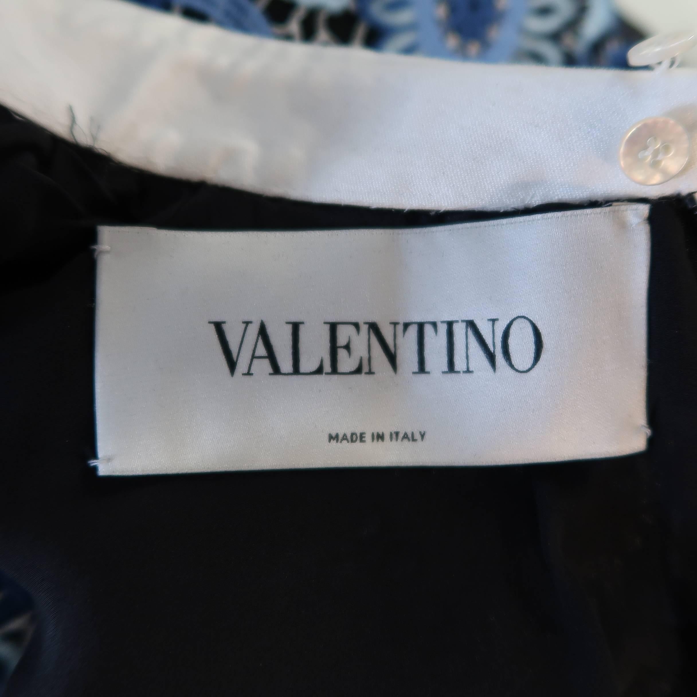 VALENTINO Size 6 Blue Ornate Silk Lace White Collared French Cuff Dress 2