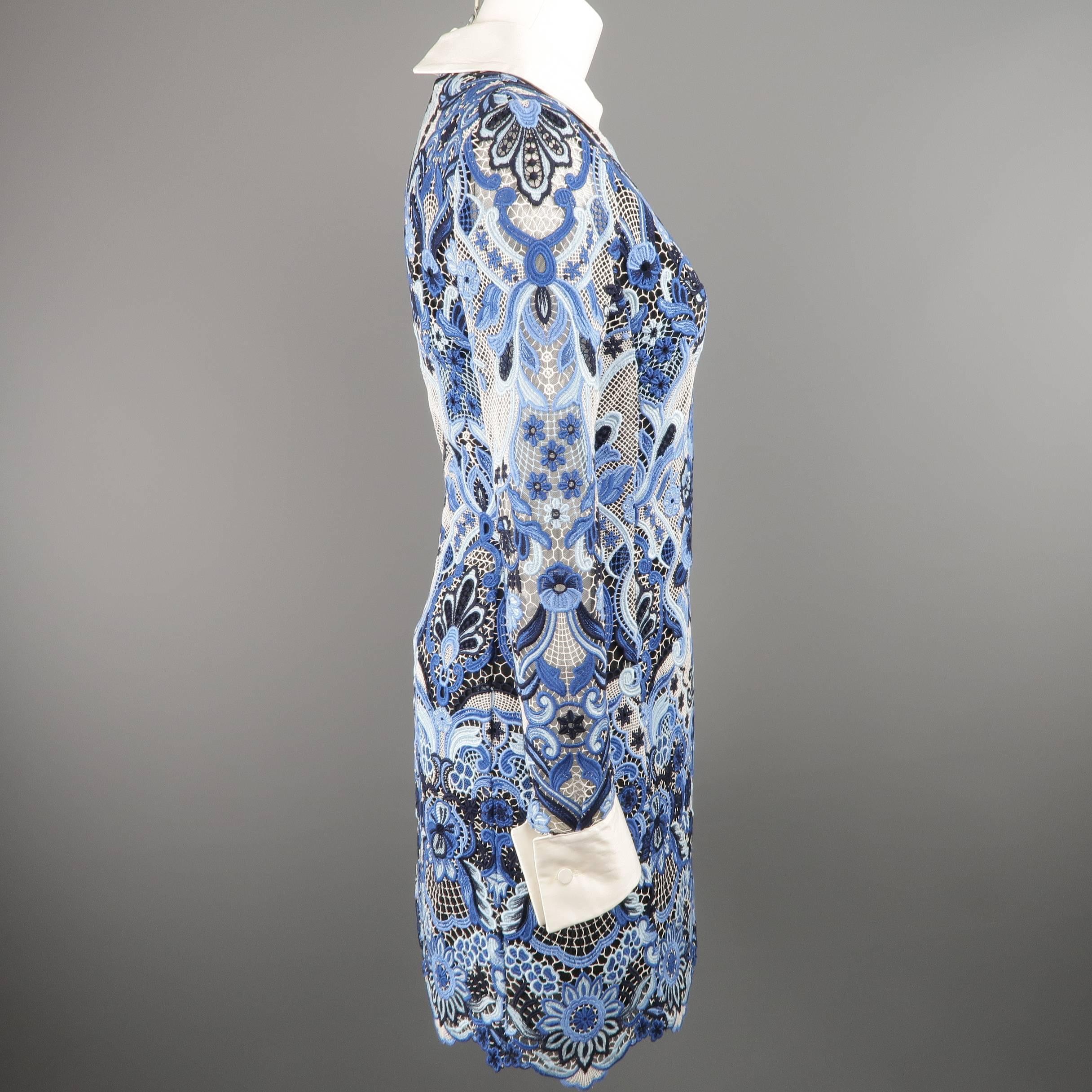 Gray VALENTINO Size 6 Blue Ornate Silk Lace White Collared French Cuff Dress
